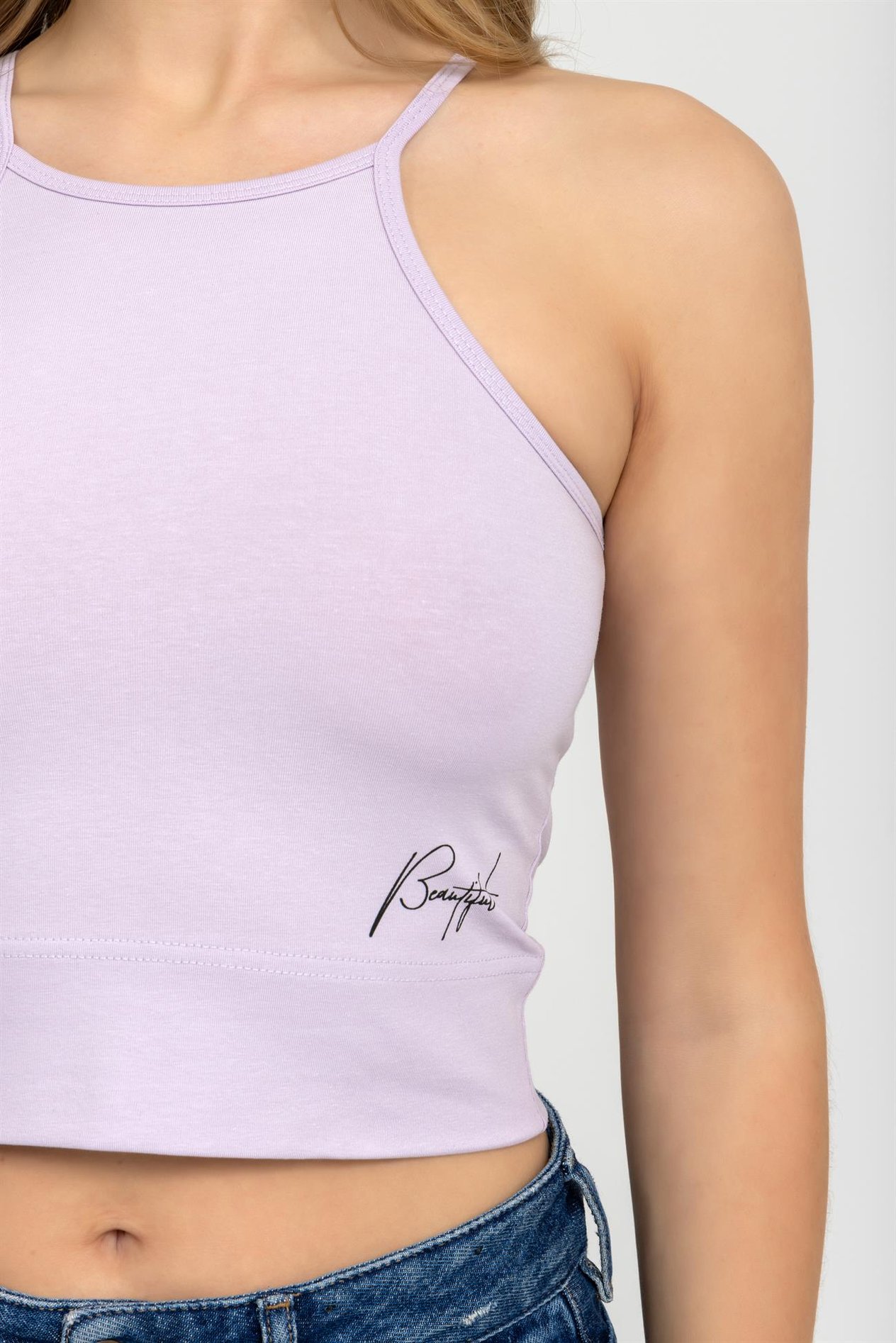 Kadın Halter Yaka İnce Askılı Crop Bluz Açık Lila