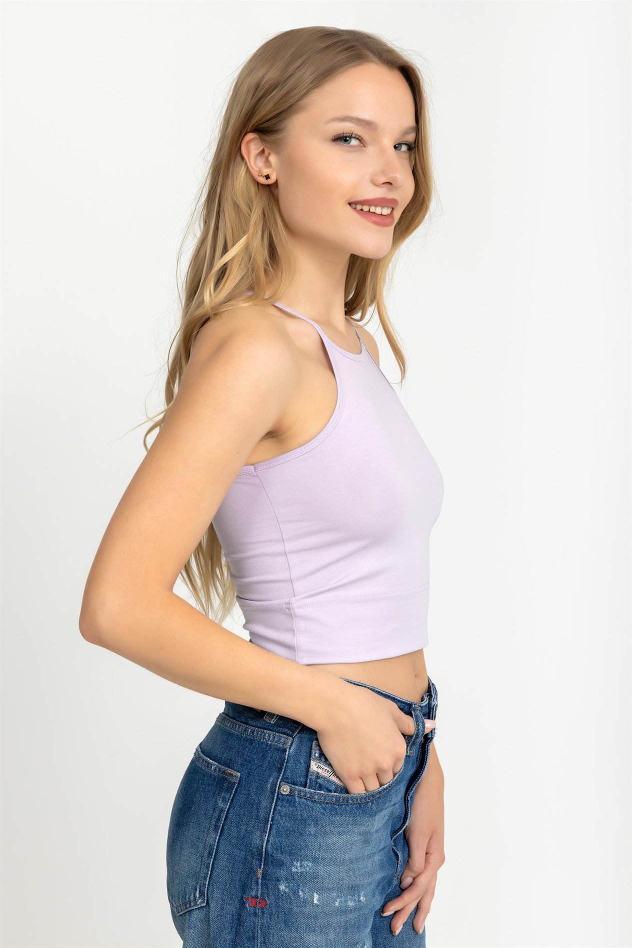 Kadın Halter Yaka İnce Askılı Crop Bluz Açık Lila
