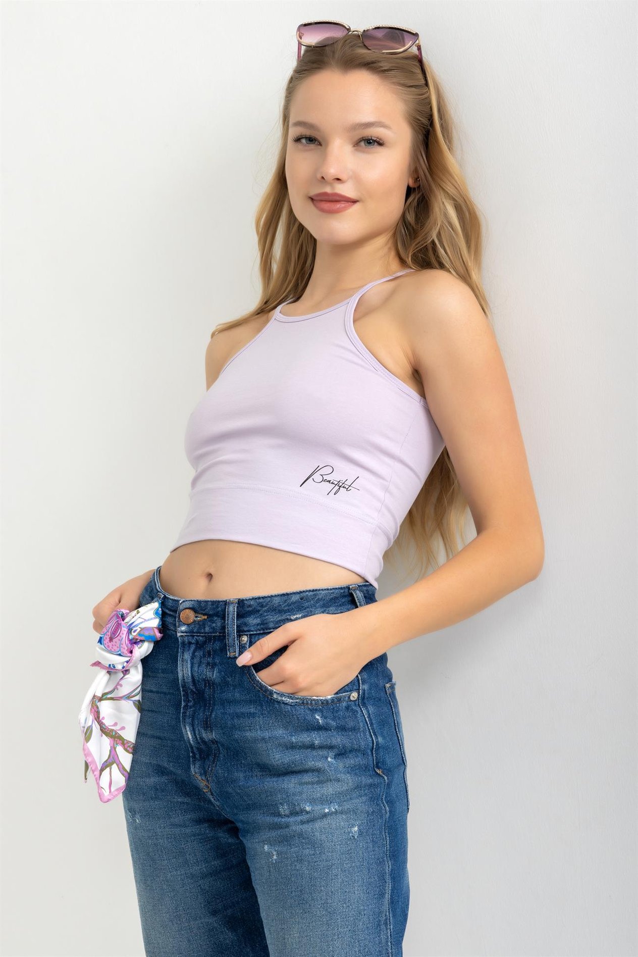 Kadın Halter Yaka İnce Askılı Crop Bluz Açık Lila