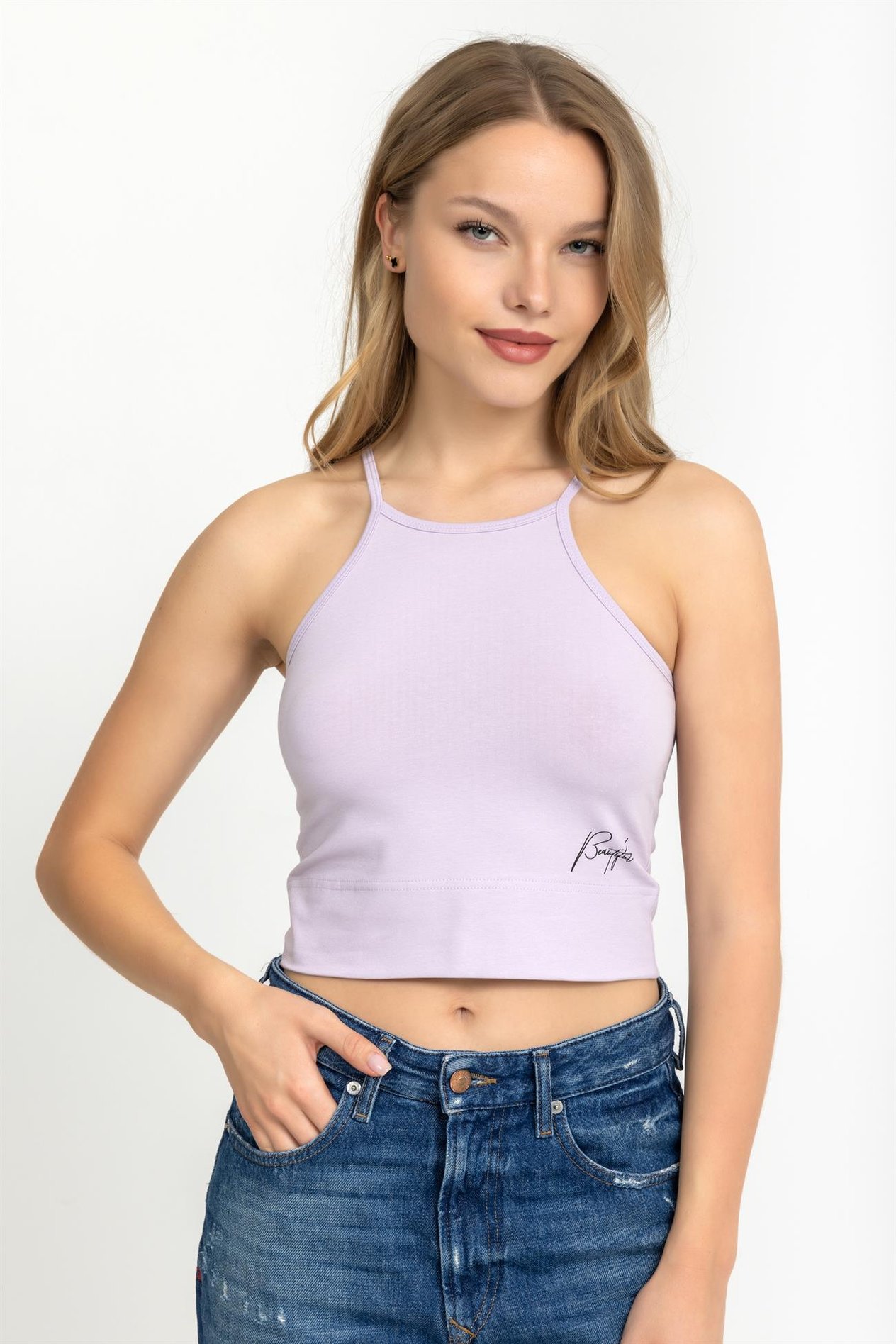 Kadın Halter Yaka İnce Askılı Crop Bluz Açık Lila