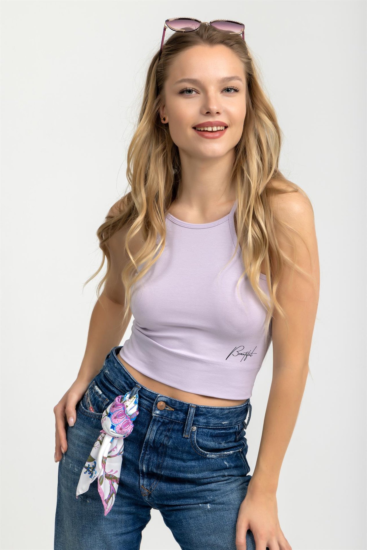 Kadın Halter Yaka İnce Askılı Crop Bluz Açık Lila