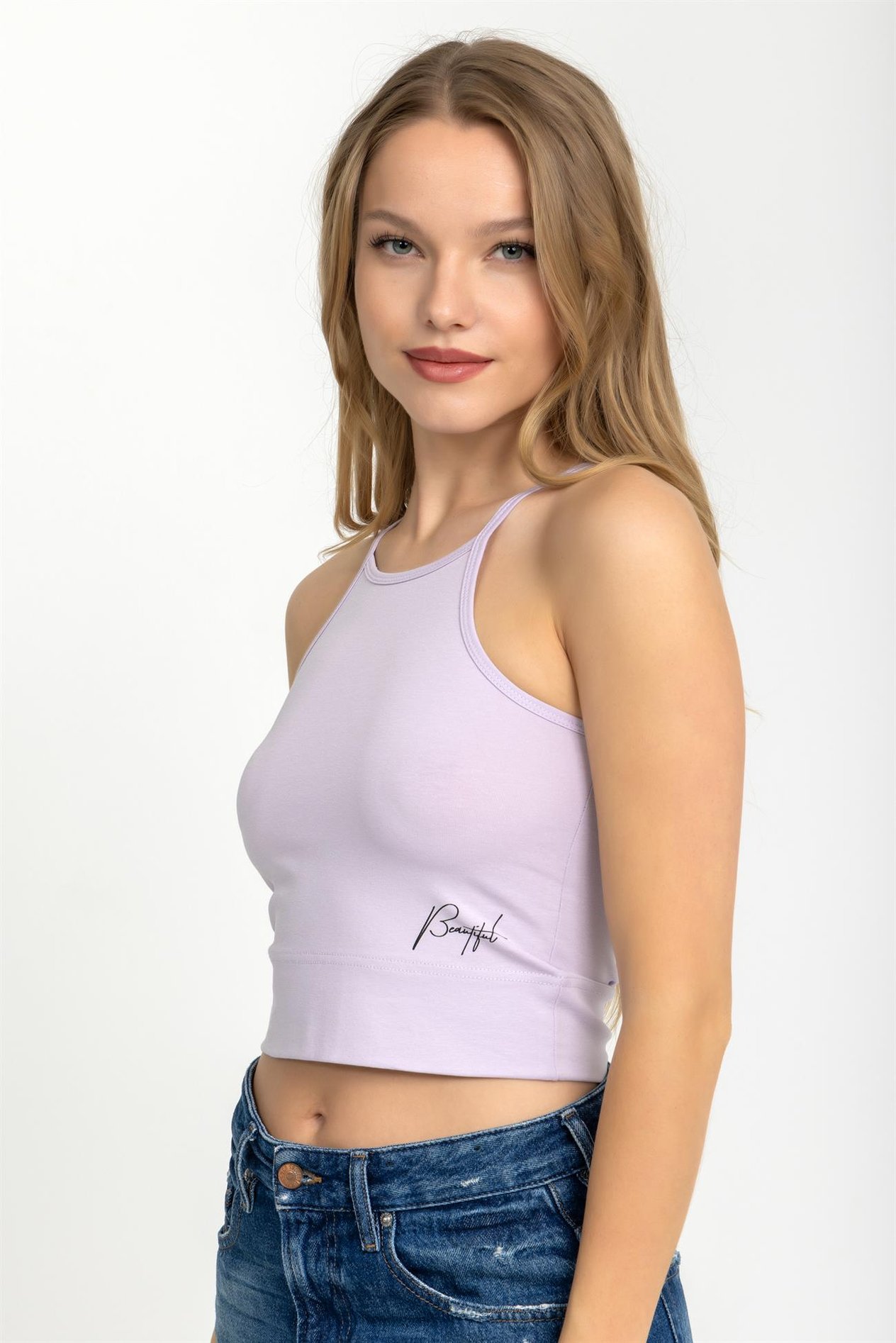 Kadın Halter Yaka İnce Askılı Crop Bluz Açık Lila