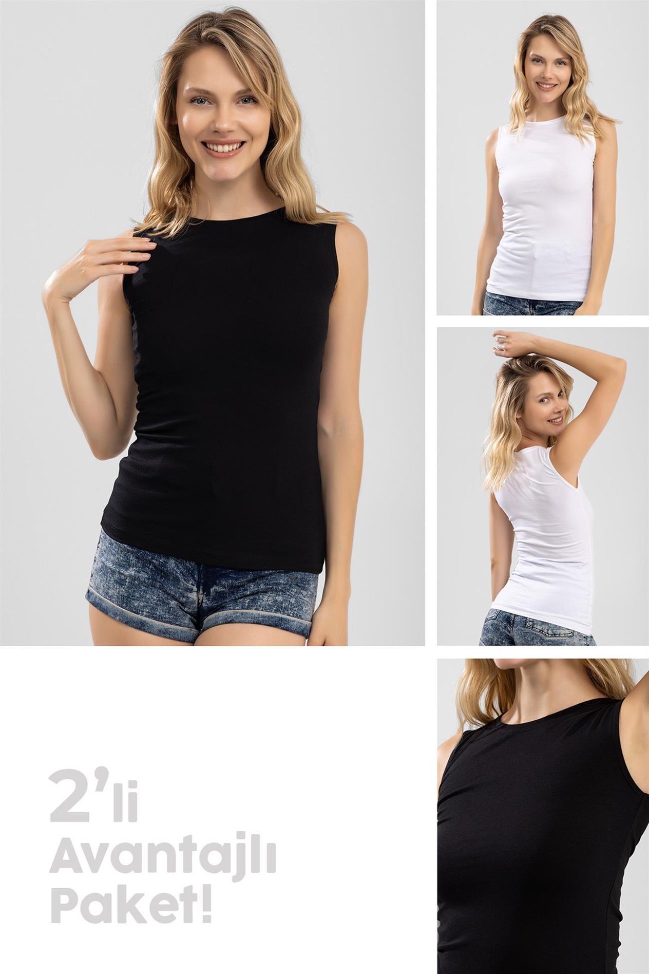 Kadın Pamuklu Bisiklet Yaka Kolsuz Penye Body Tişört 2'li Paket (Siyah&Beyaz) Renkli