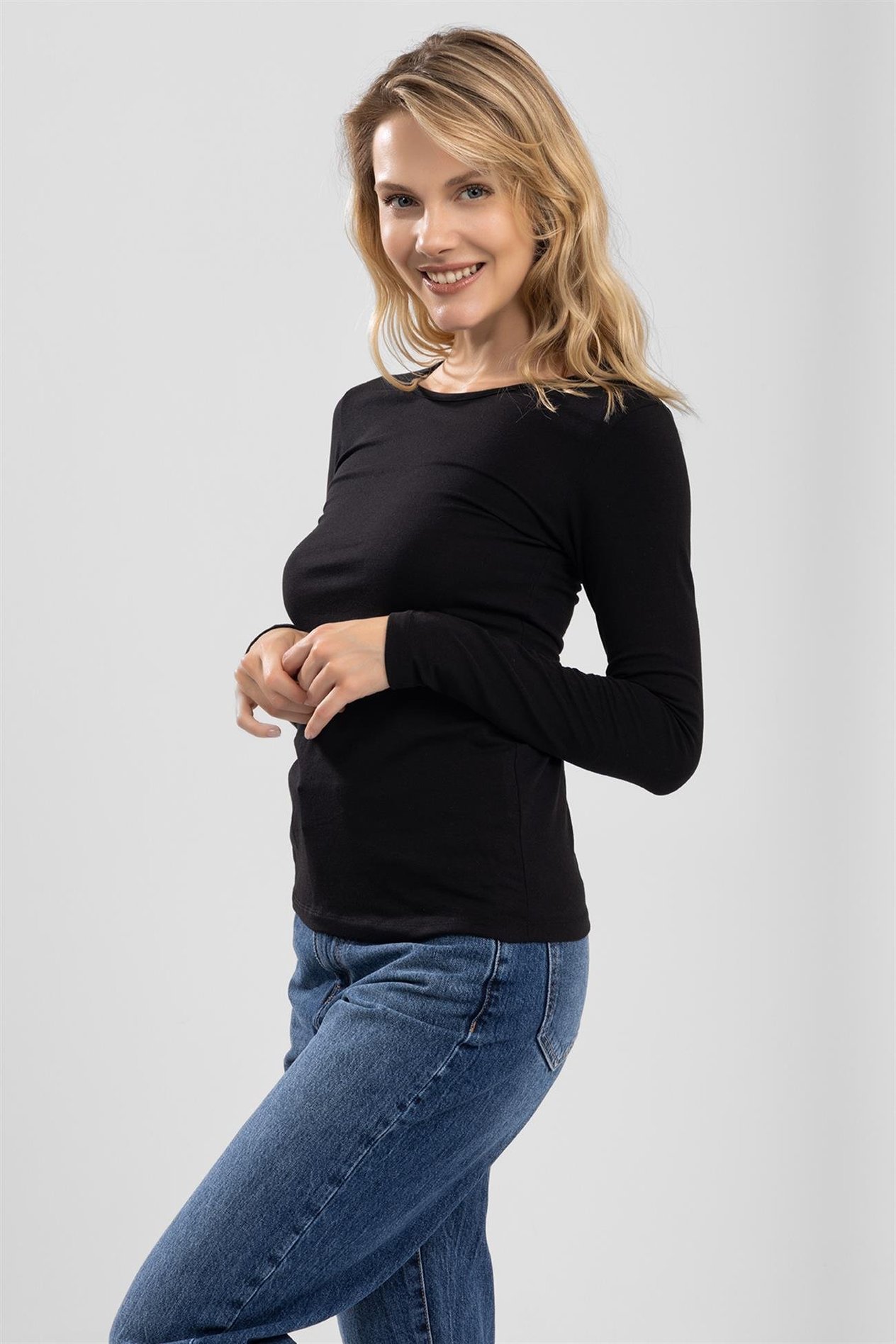 Kadın Pamuklu Bisiklet Yaka Uzun Kollu Penye Basic Body Siyah