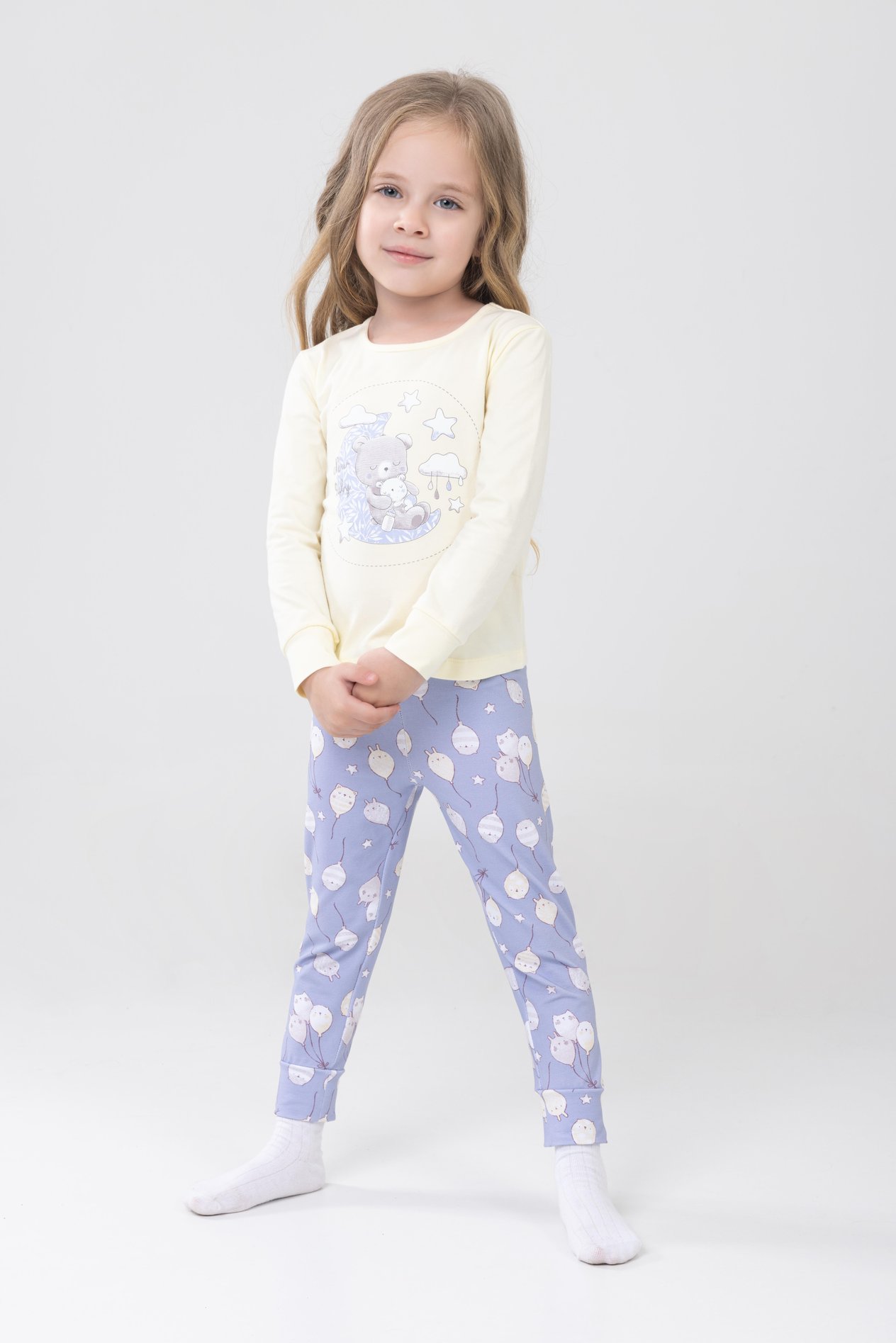 Kız Çocuk Pamuklu Baskılı Bisiklet Yaka Uzun Kollu Manşetli Pijama Takımı 9231-1 Sarı