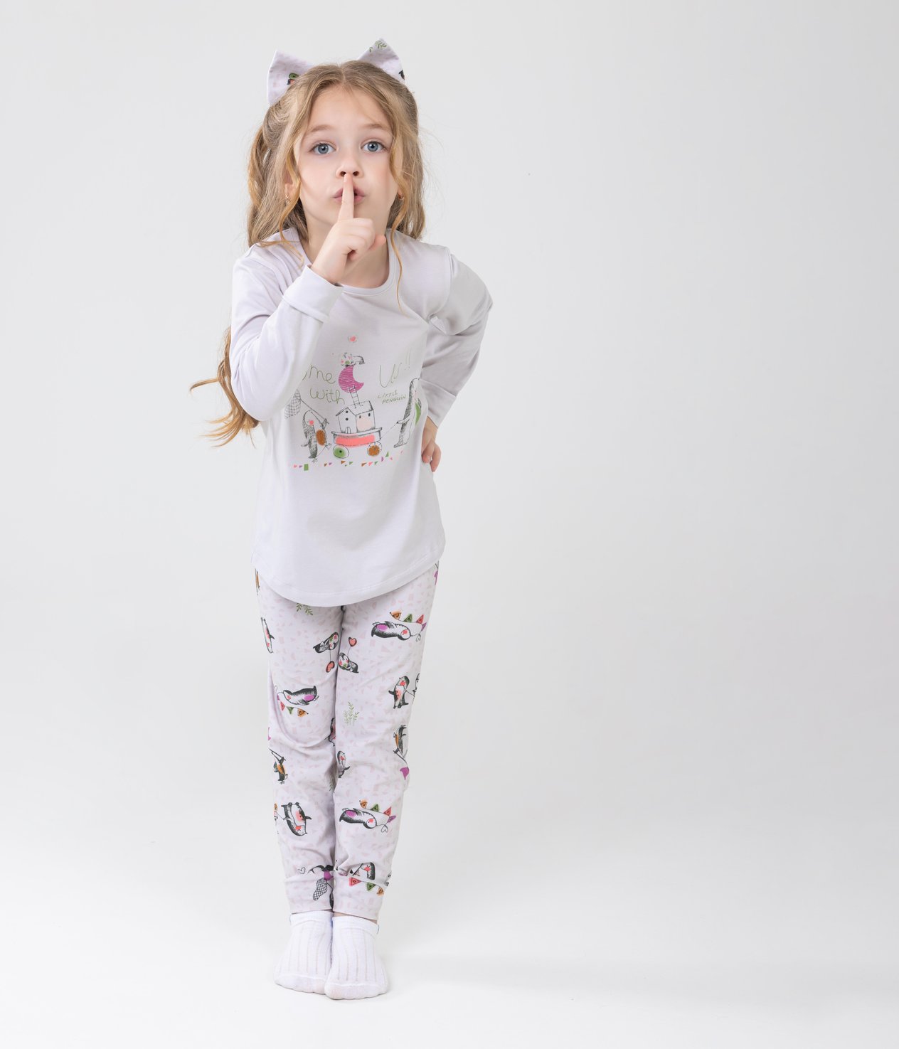 Kız Çocuk Pamuklu Baskılı Bisiklet Yaka Uzun Kollu Manşetli Pijama Takımı 9234 KREM