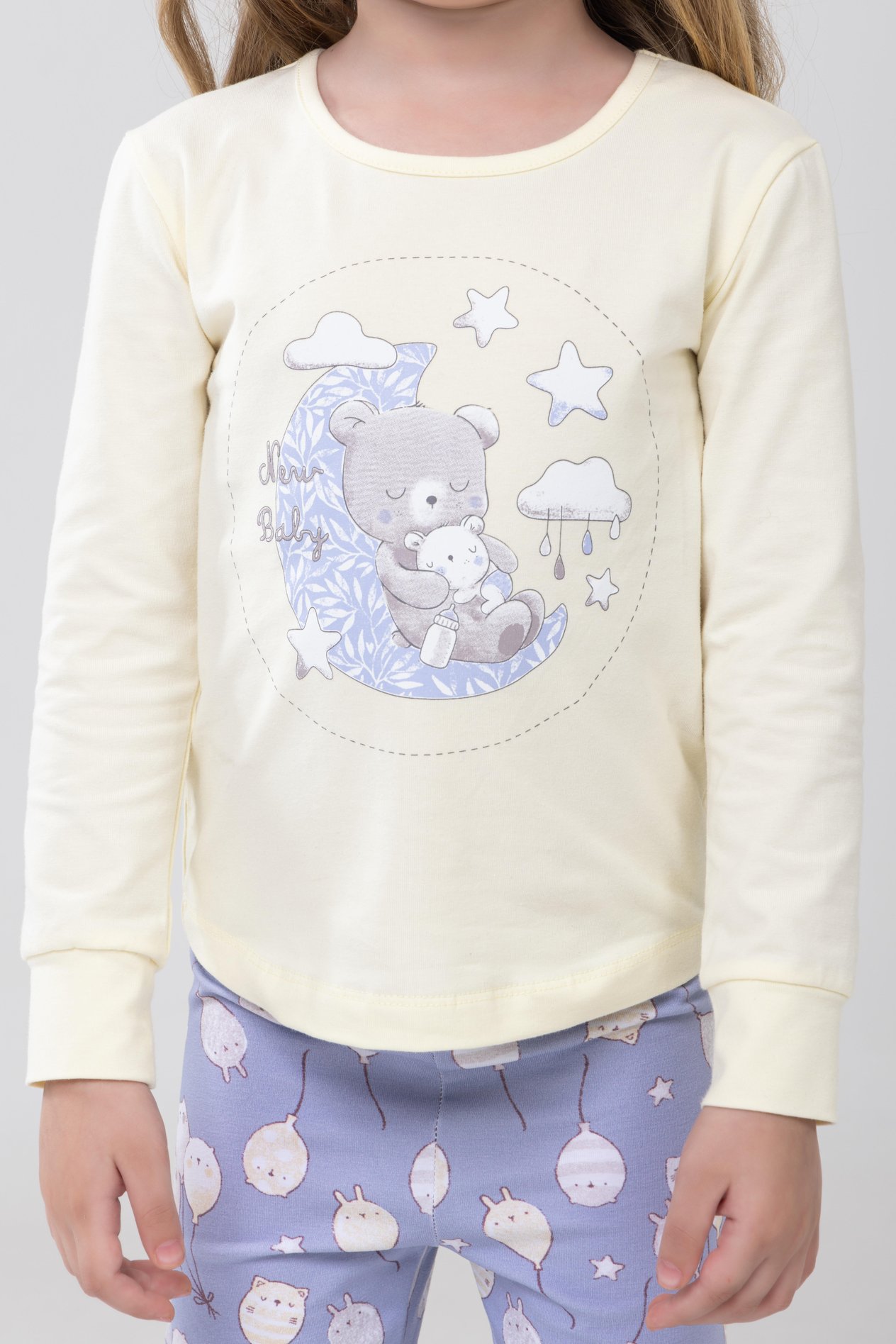 Kız Çocuk Pamuklu Baskılı Bisiklet Yaka Uzun Kollu Manşetli Pijama Takımı 9231-1 Sarı