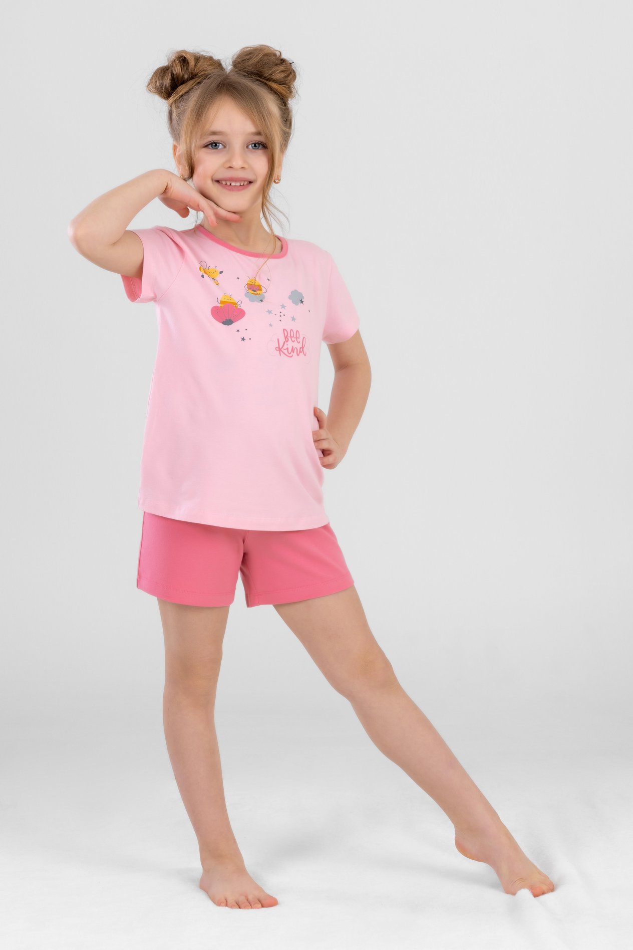 Kız Çocuk Pamuklu Bisiklet Yaka Kısa Kollu Baskılı Şortlu Pijama Takımı 9240 Pembe