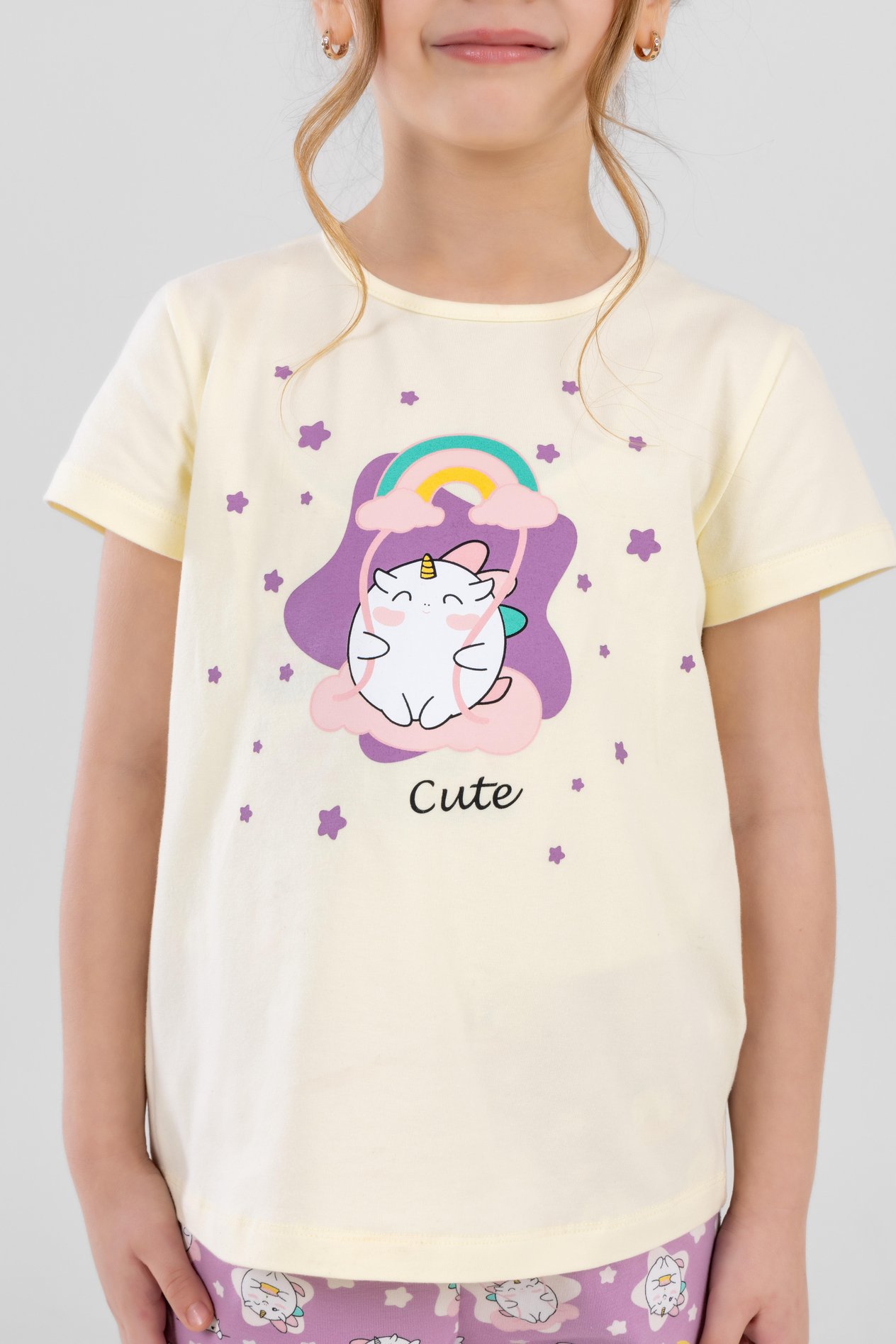 Kız Çocuk Pamuklu Bisiklet Yaka Unicorn Baskılı Kısa Kollu Şortlu Pijama Takımı 9242 Lila