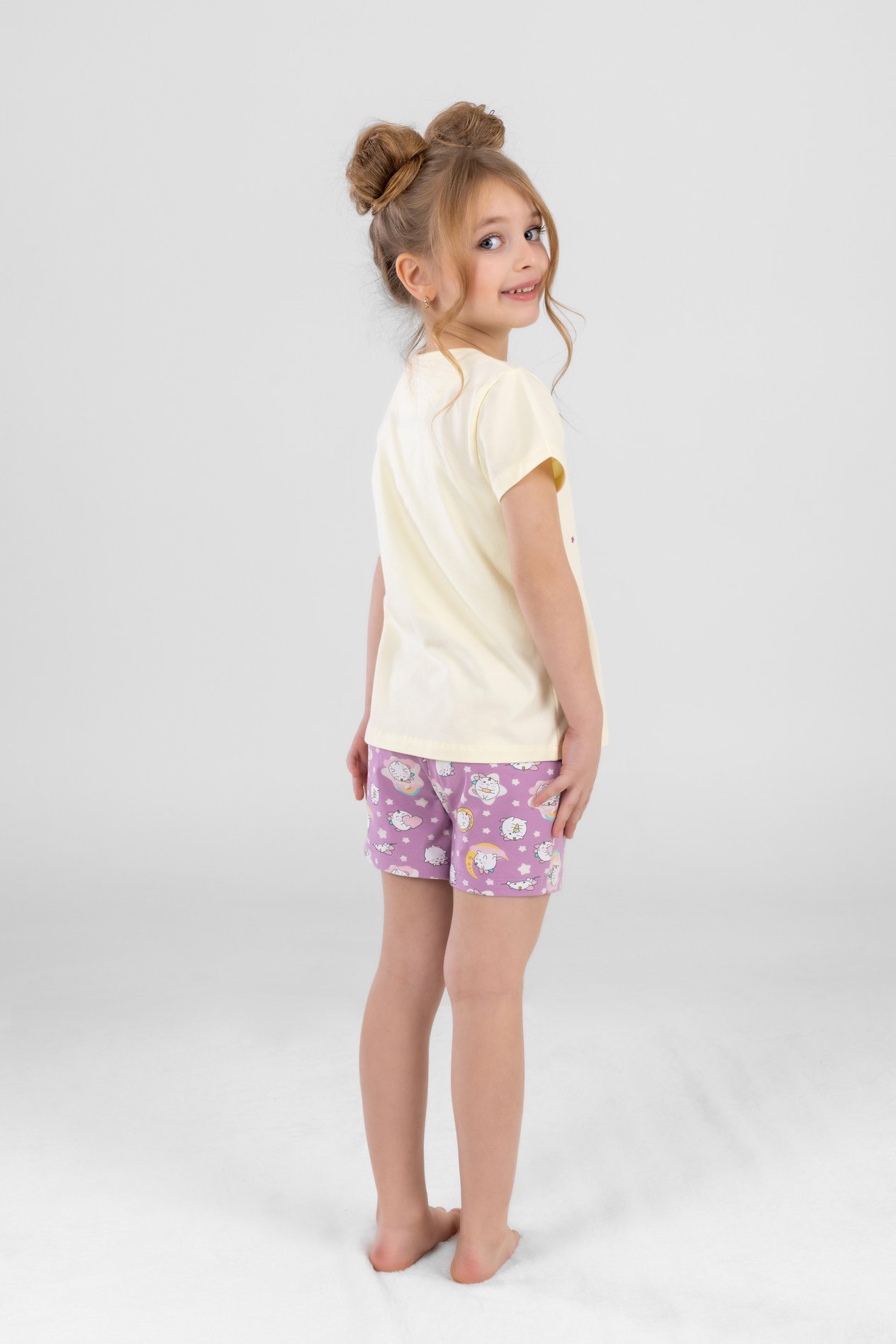Kız Çocuk Pamuklu Bisiklet Yaka Unicorn Baskılı Kısa Kollu Şortlu Pijama Takımı 9242 Lila