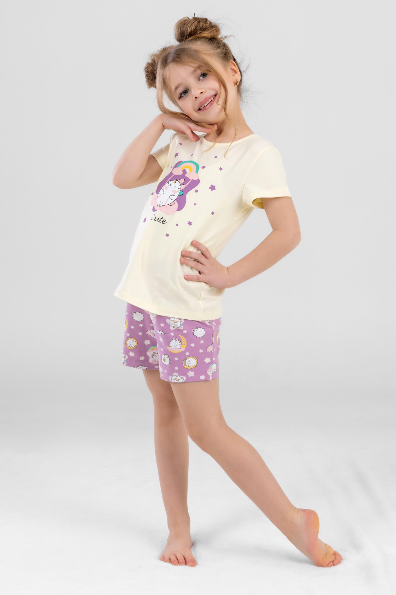 Kız Çocuk Pamuklu Bisiklet Yaka Unicorn Baskılı Kısa Kollu Şortlu Pijama Takımı 9242 Lila
