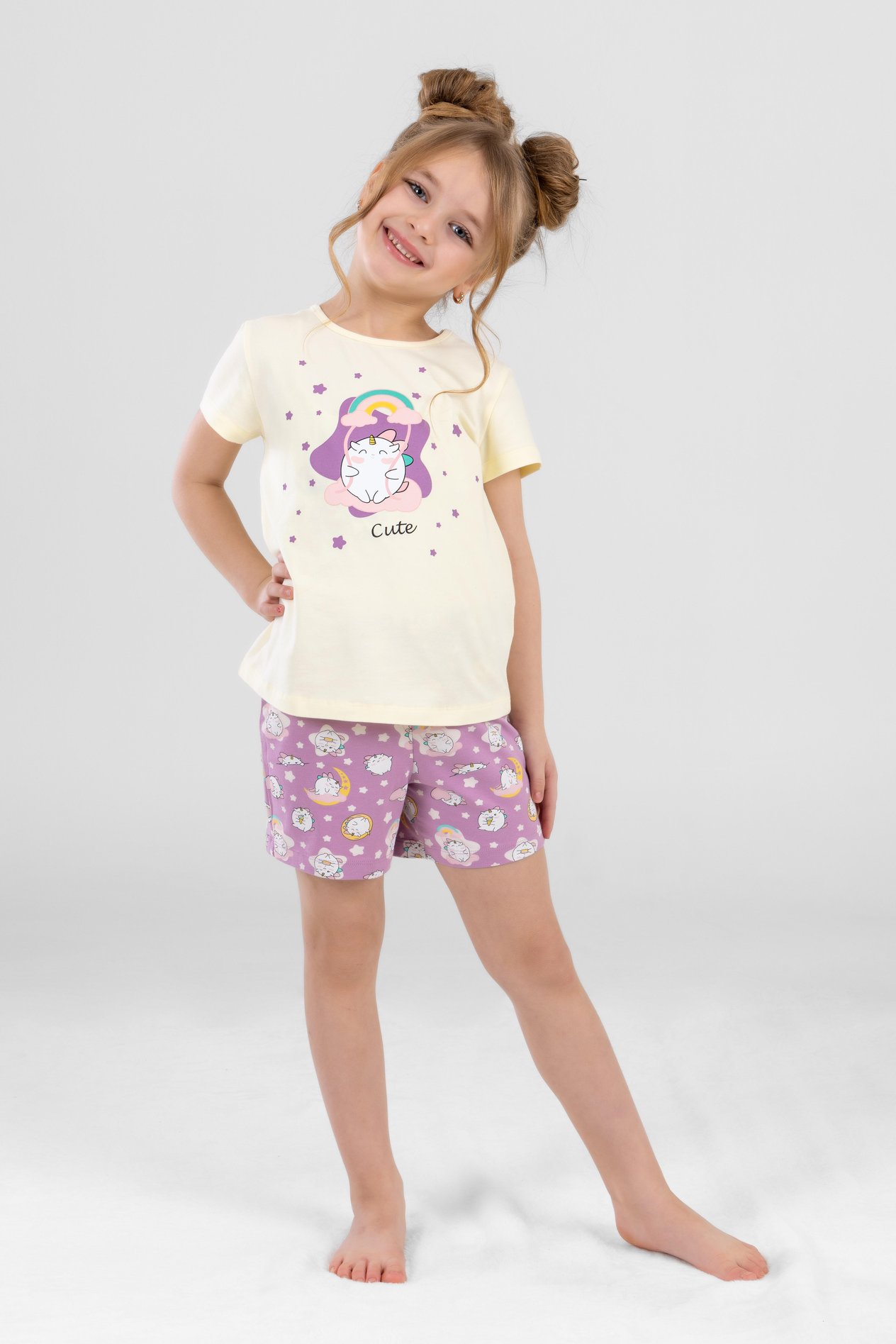 Kız Çocuk Pamuklu Bisiklet Yaka Unicorn Baskılı Kısa Kollu Şortlu Pijama Takımı 9242 Lila