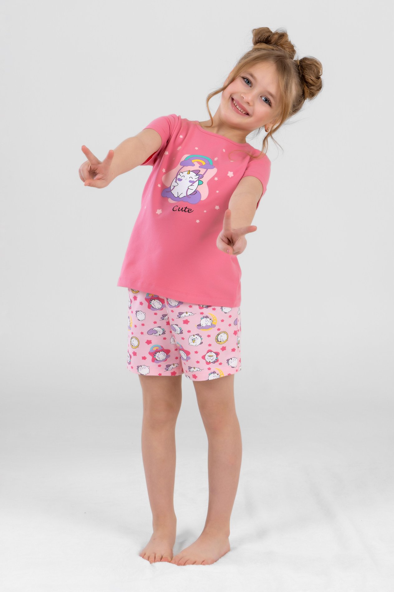 Kız Çocuk Pamuklu Bisiklet Yaka Unicorn Baskılı Kısa Kollu Şortlu Pijama Takımı 9242 Pembe