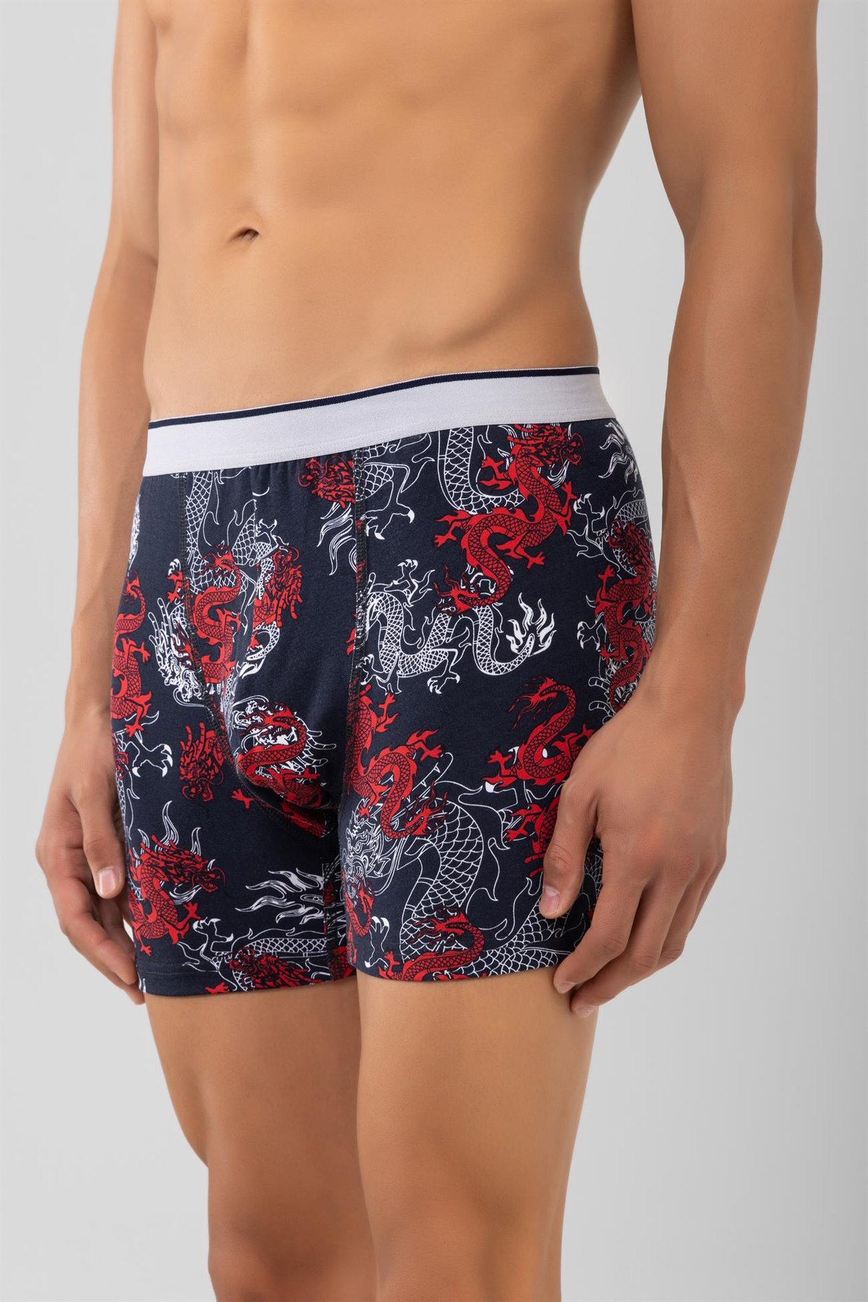 Pamuklu Ejderha Desenli Likralı Klasik Erkek Boxer 2'li Paket Kırmızı