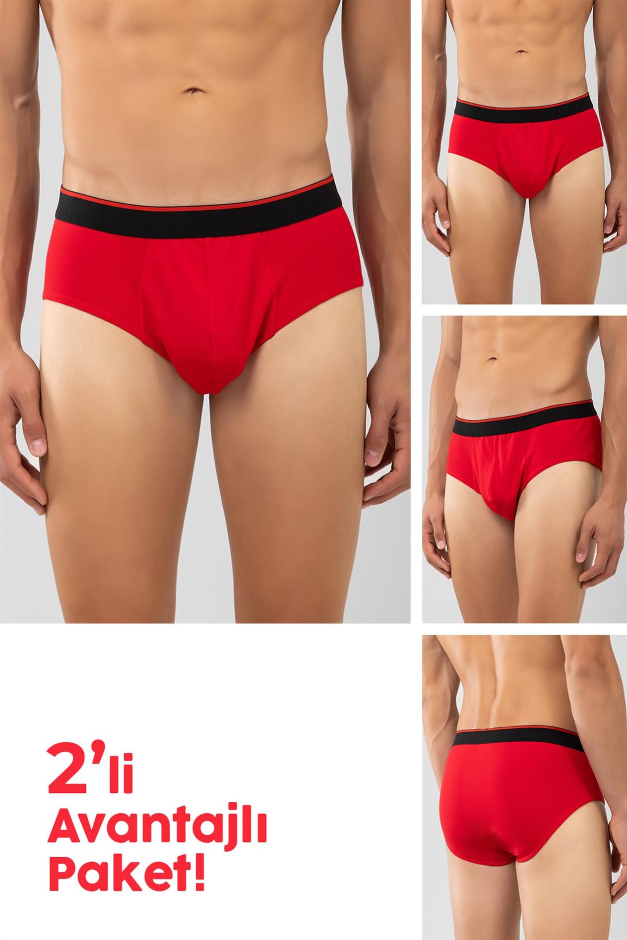 Pamuklu Siyah Şeritli Erkek Slip Külot 2'li Paket Kırmızı