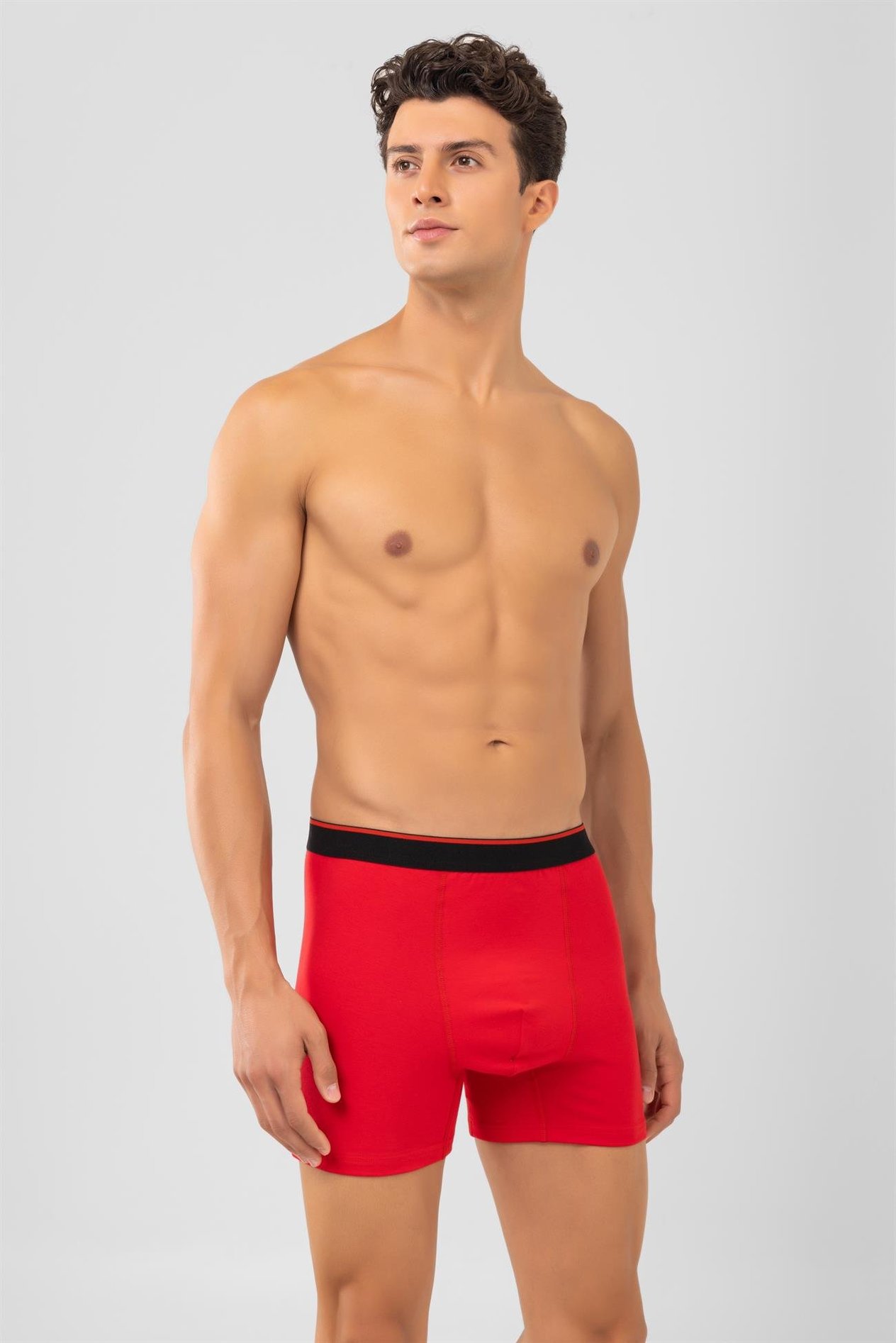 Pamuklu Siyah Şeritli Likralı Klasik Erkek Boxer 2'li Paket Kırmızı