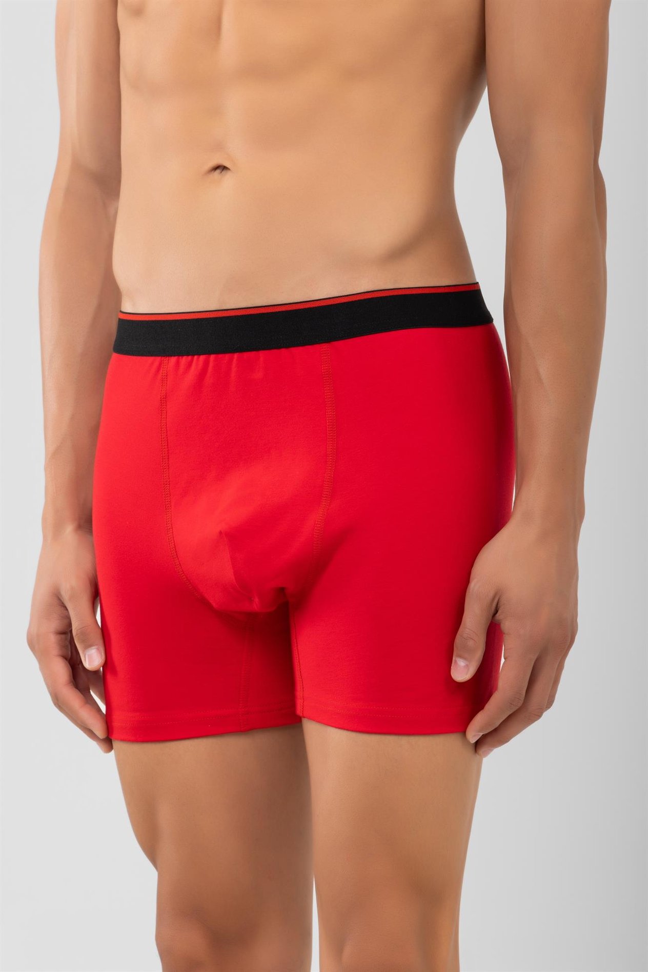 Pamuklu Siyah Şeritli Likralı Klasik Erkek Boxer 2'li Paket Kırmızı