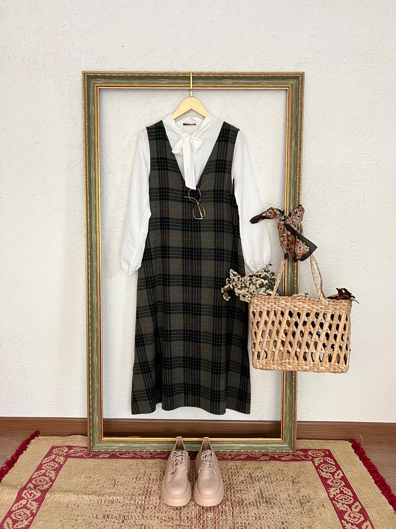 Haki Yeşil Ekose Kaşe Jile Elbise Anne Kız Kombini