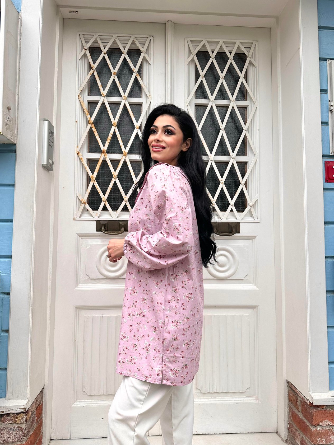 Pembe Küçük Çiçekli Bebe Yaka Uzun Poplin Tunik