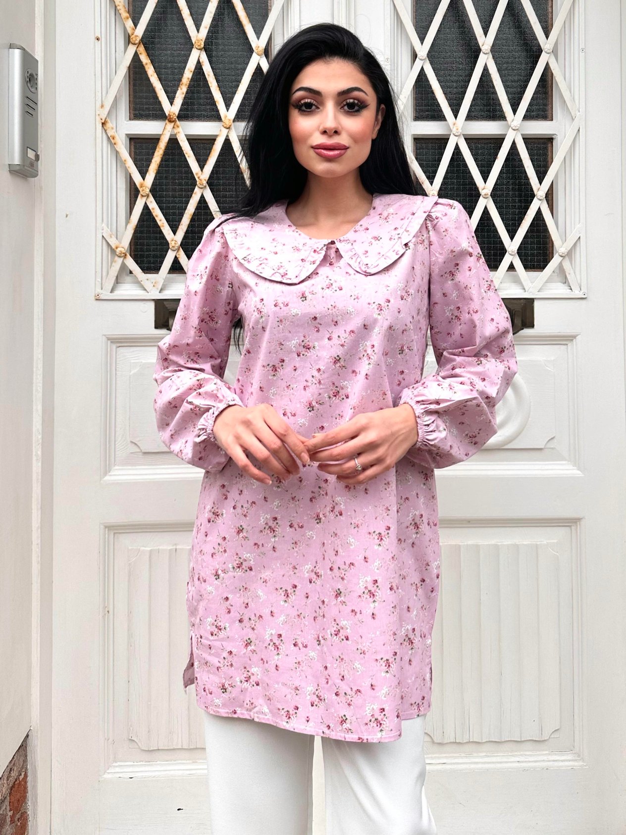 Pembe Küçük Çiçekli Bebe Yaka Uzun Poplin Tunik