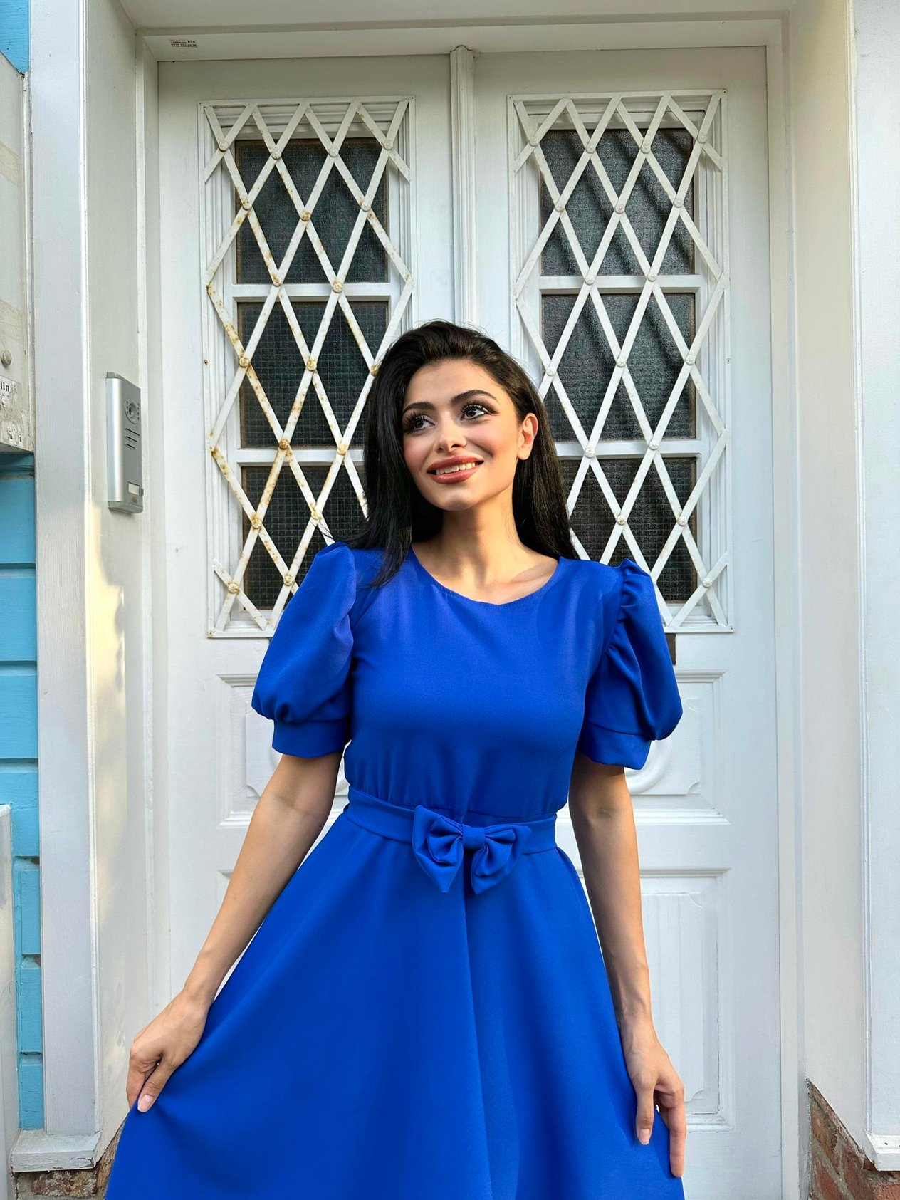 Saks Mavisi Karpuz Kol Kloş Krep Elbise