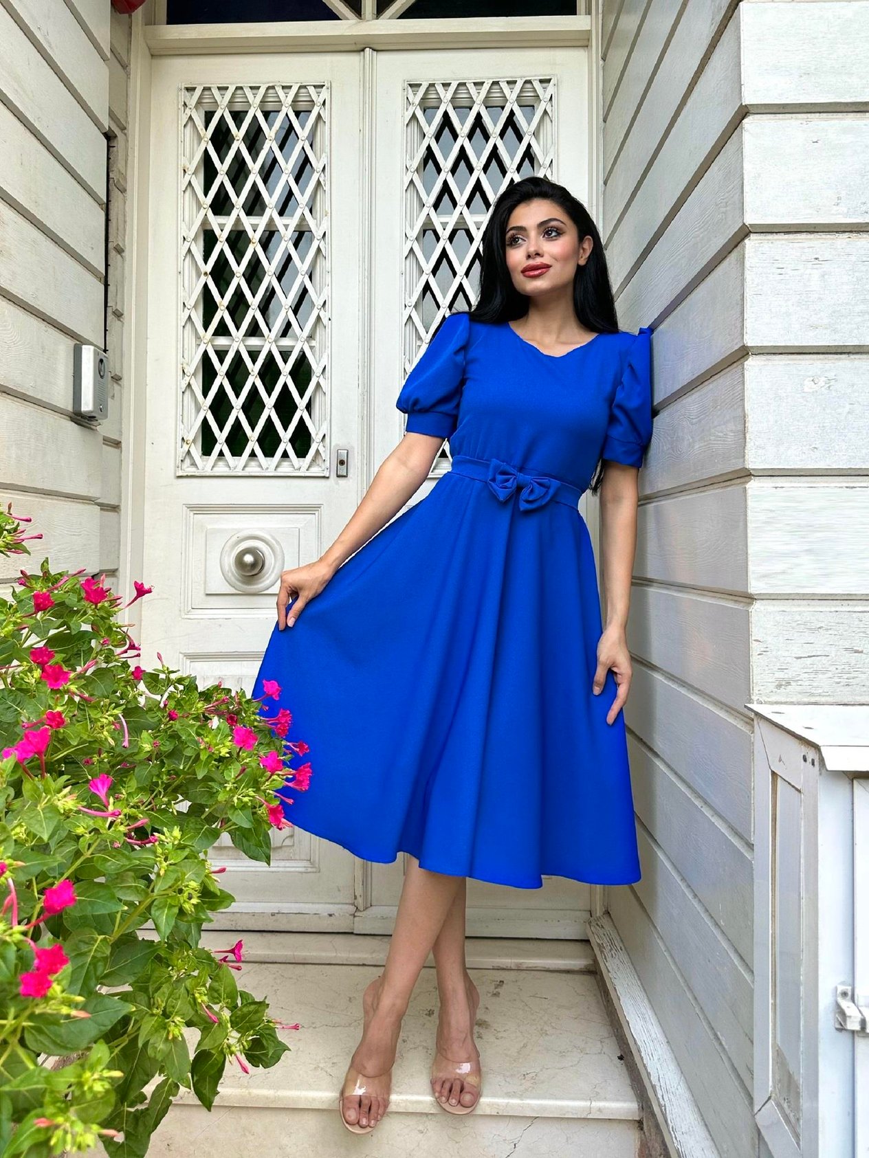 Saks Mavisi Karpuz Kol Kloş Krep Elbise