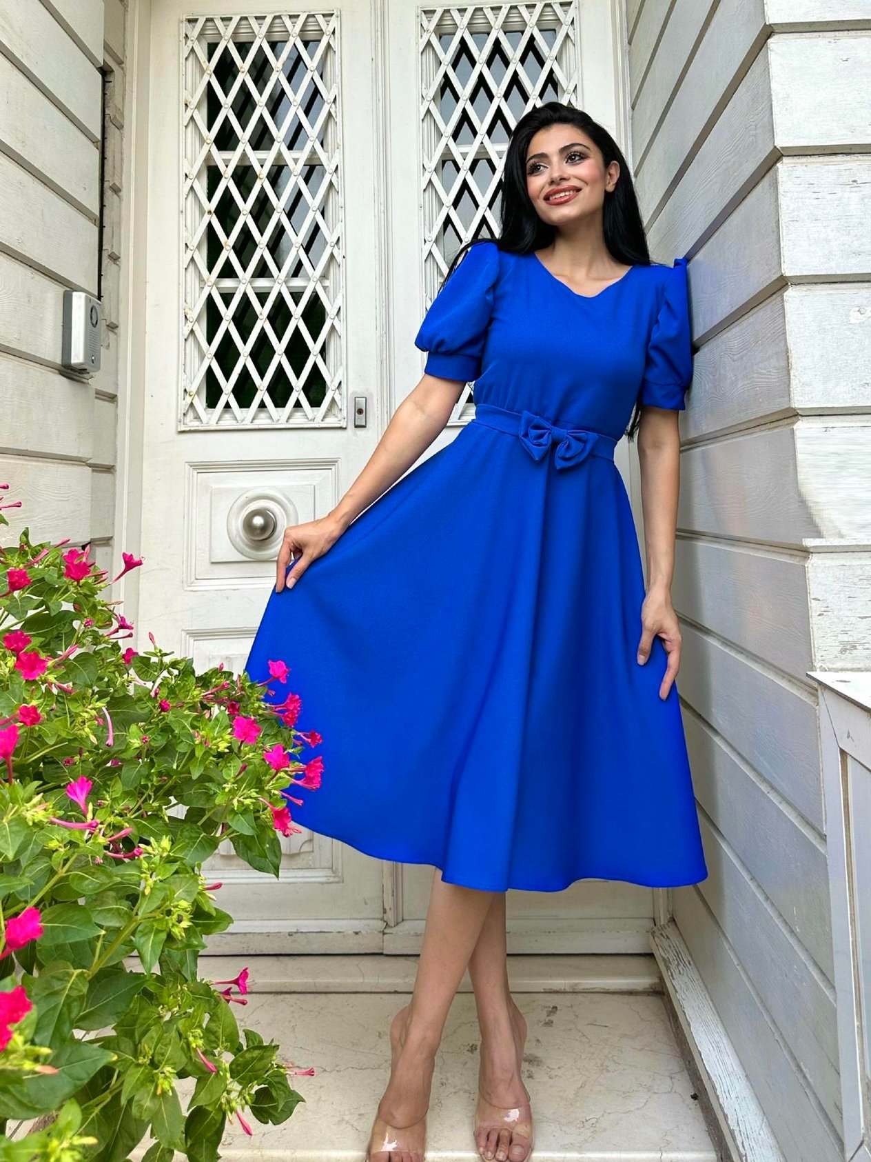 Saks Mavisi Karpuz Kol Kloş Krep Elbise