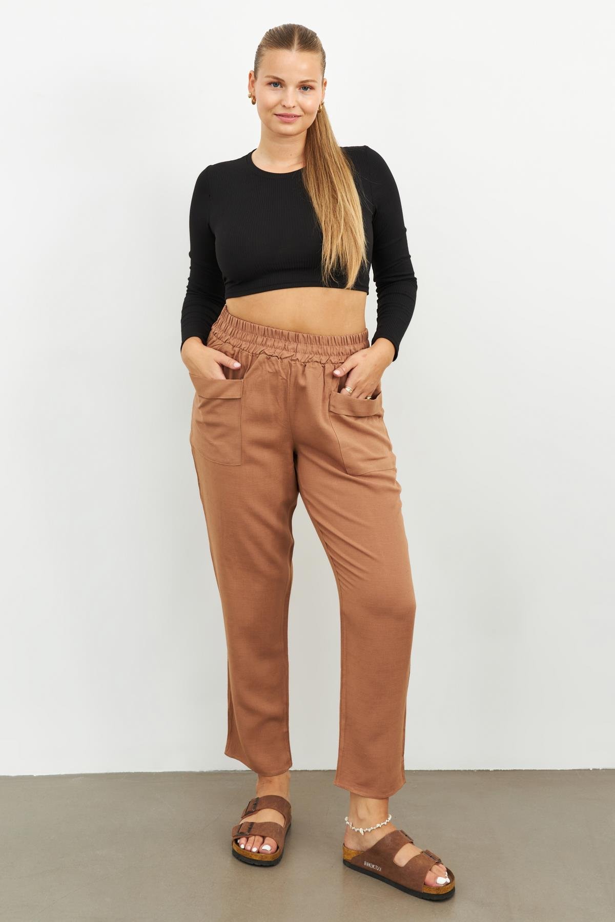 CAMEL BOL CEPLİ KETEN PANTOLON | curly