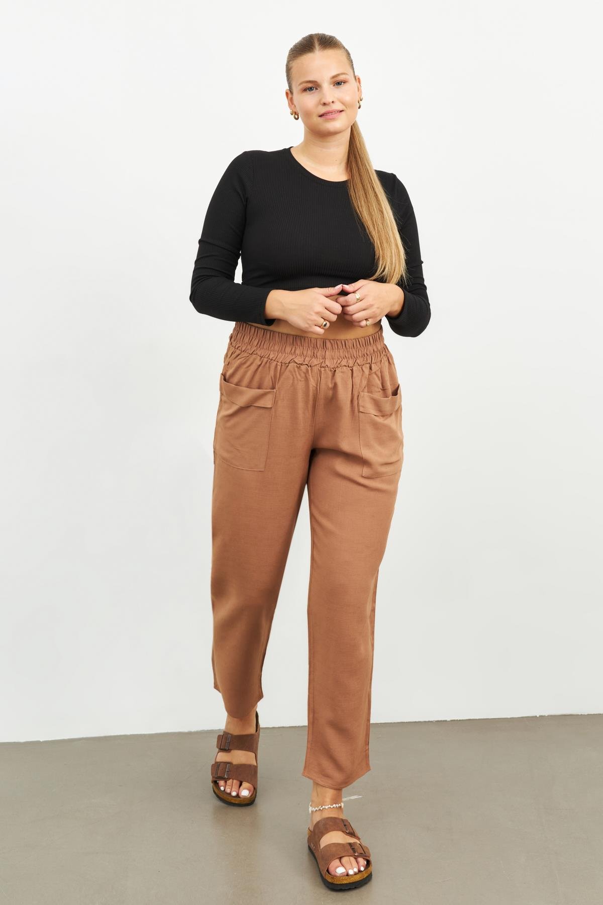 CAMEL BOL CEPLİ KETEN PANTOLON | curly