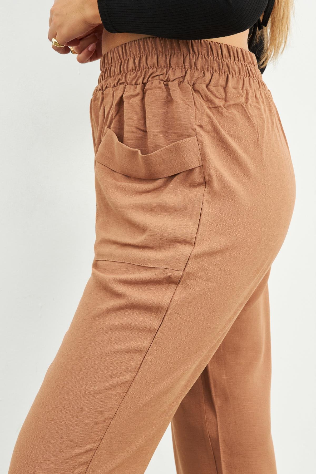 CAMEL BOL CEPLİ KETEN PANTOLON | curly