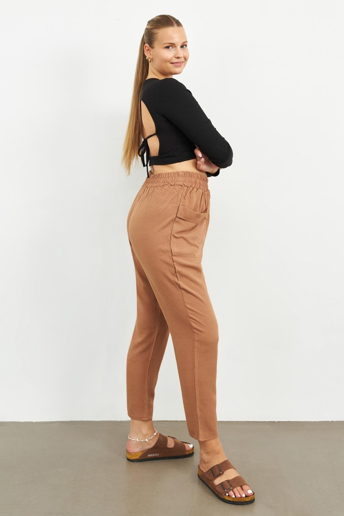 CAMEL BOL CEPLİ KETEN PANTOLON | curly