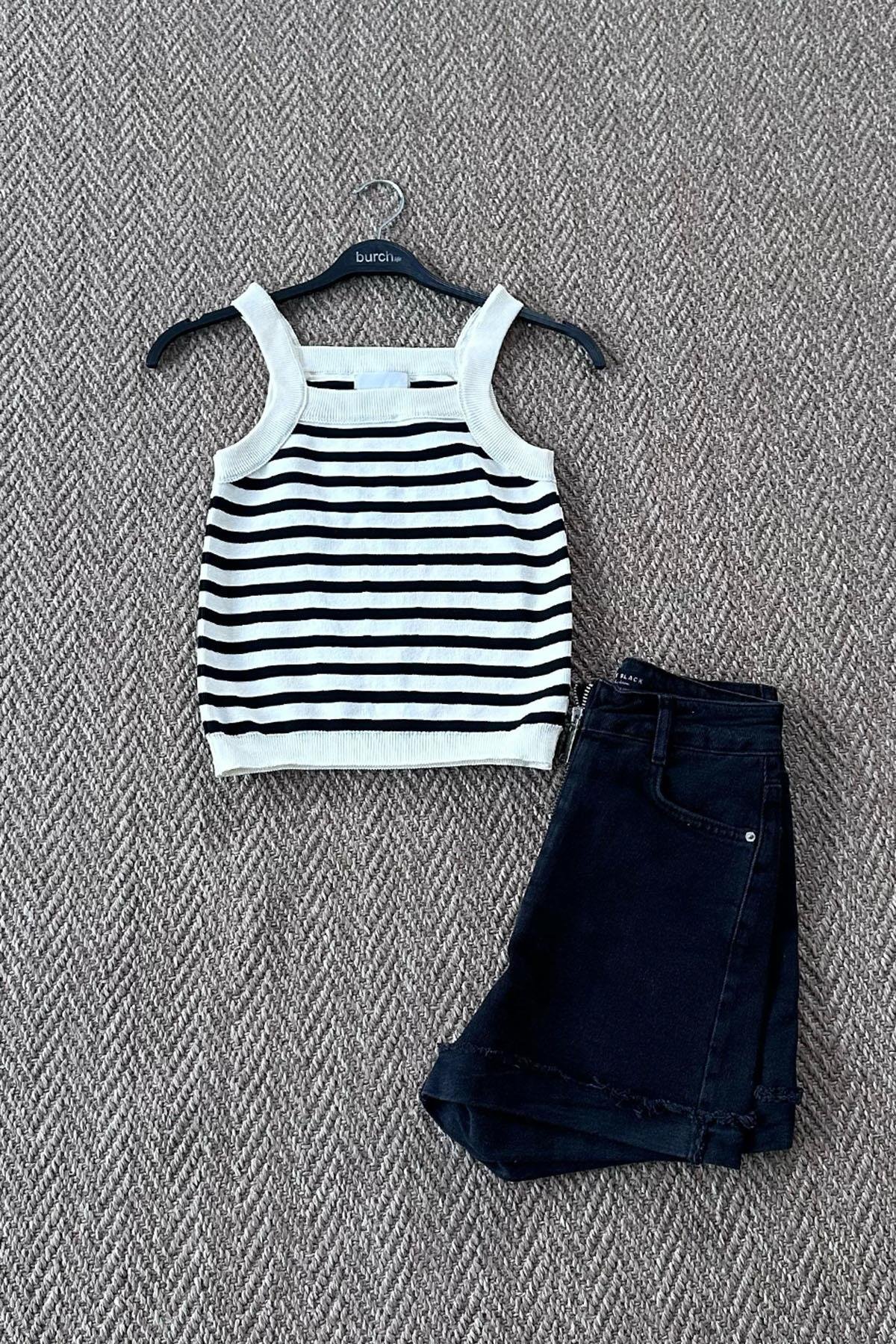 Kadın Askılı Çizgili Crop - KREM SİYAH