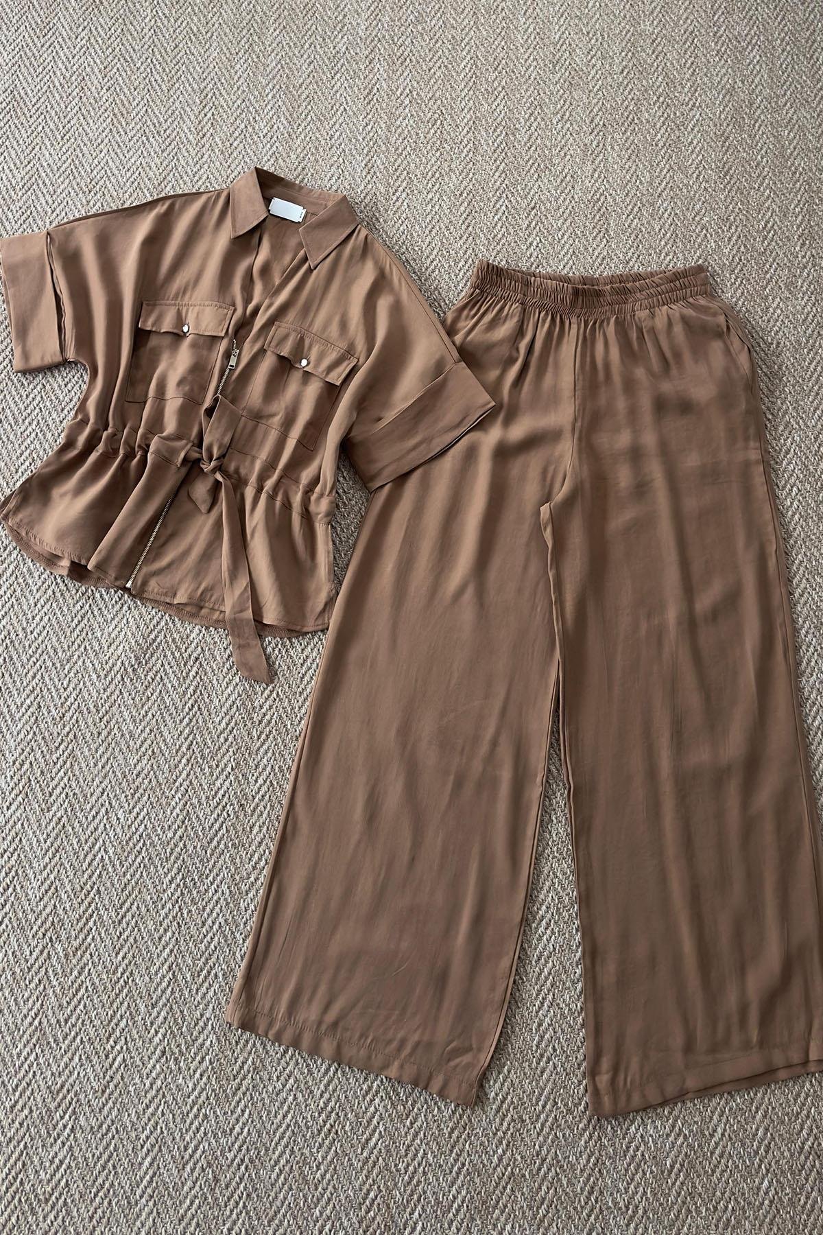 Kadın Beli Büzgülü Yelek Pantolon Takım - KAHVE