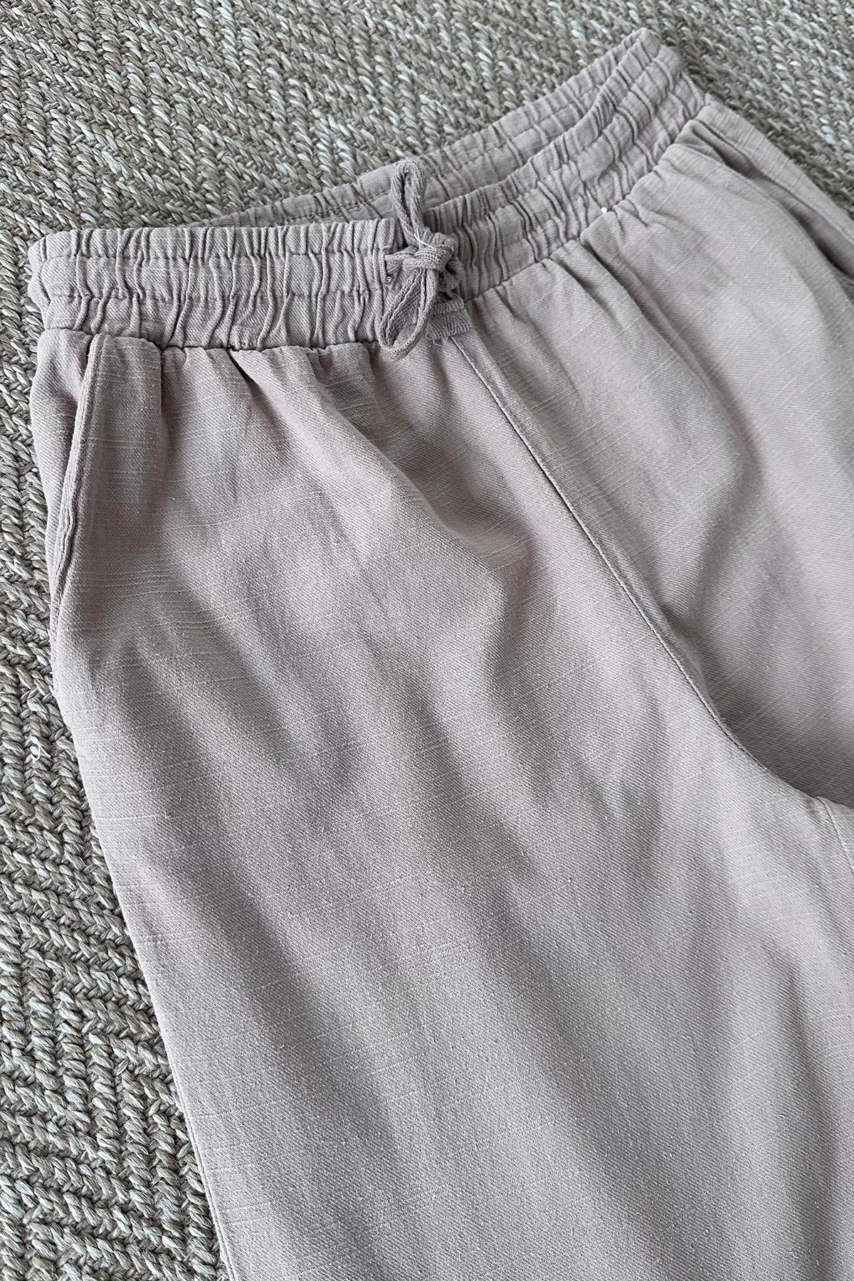 Kadın Beli Lastikli Bağcıklı Bol Paça Gabardin Pantolon - CAMEL