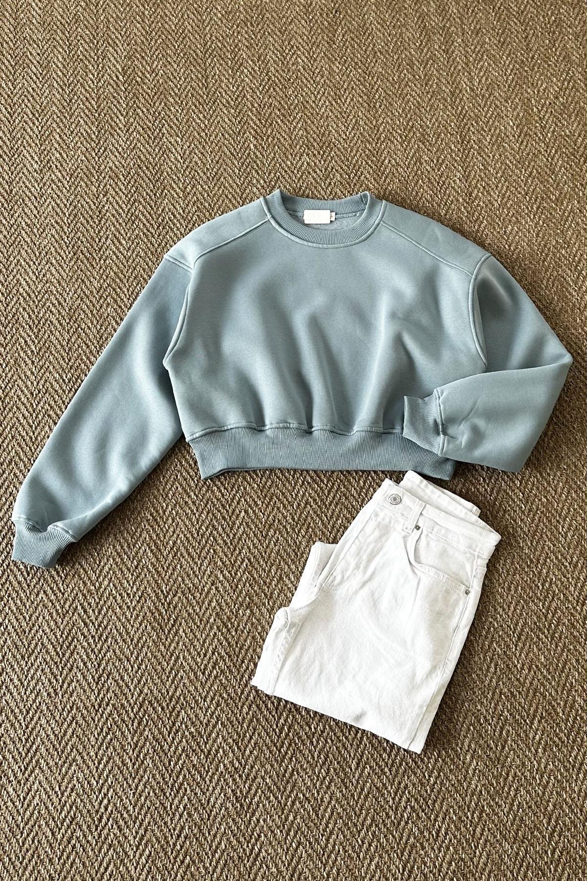 Kadın Bisiklet Yaka Basic Crop Sweatshirt - TURKUAZ