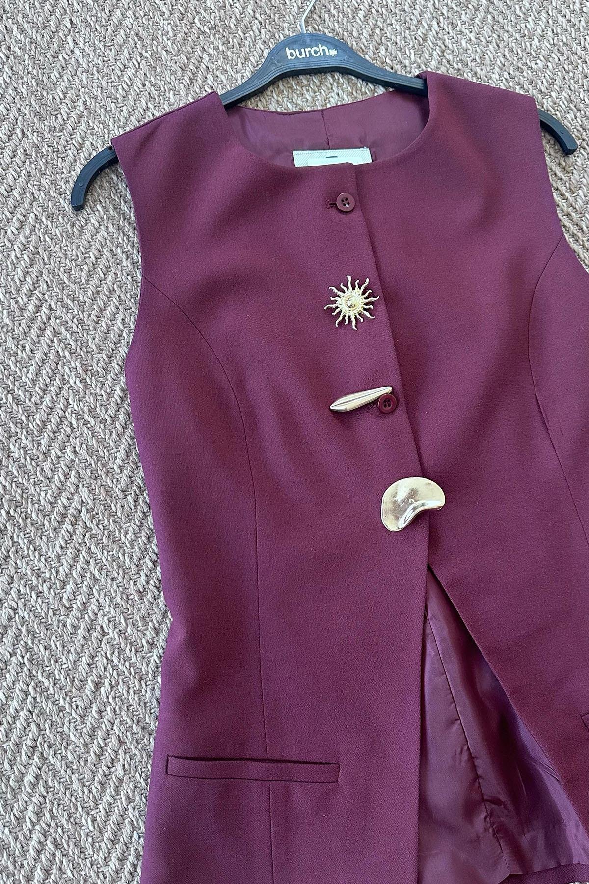 Kadın Bisiklet Yaka Broşlu Yelek - BORDO