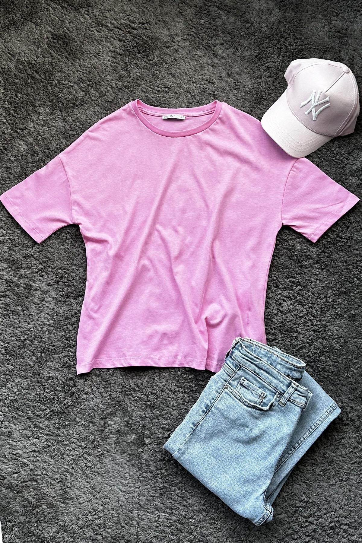 Kadın Bisiklet Yaka Kısa Kollu Basic Tshirt - PEMBE