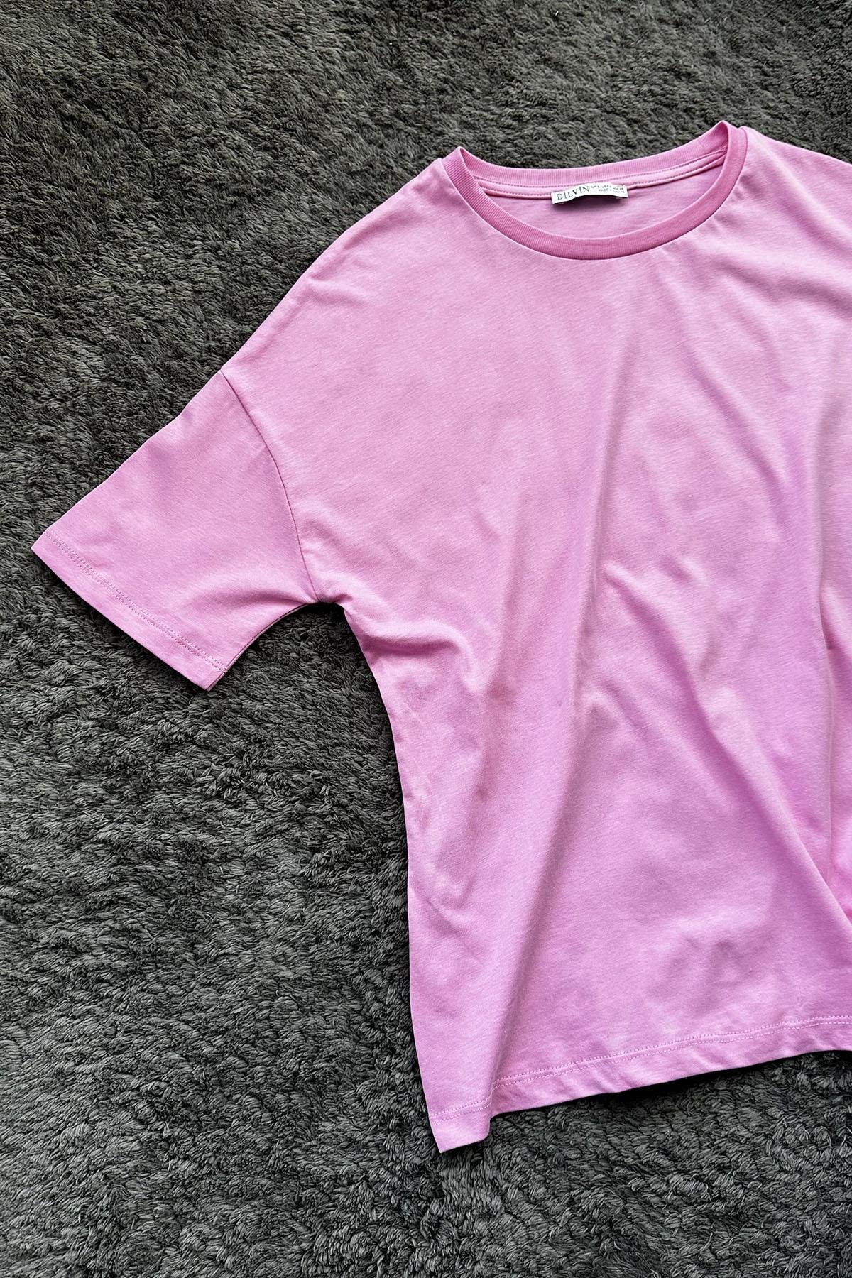 Kadın Bisiklet Yaka Kısa Kollu Basic Tshirt - PEMBE