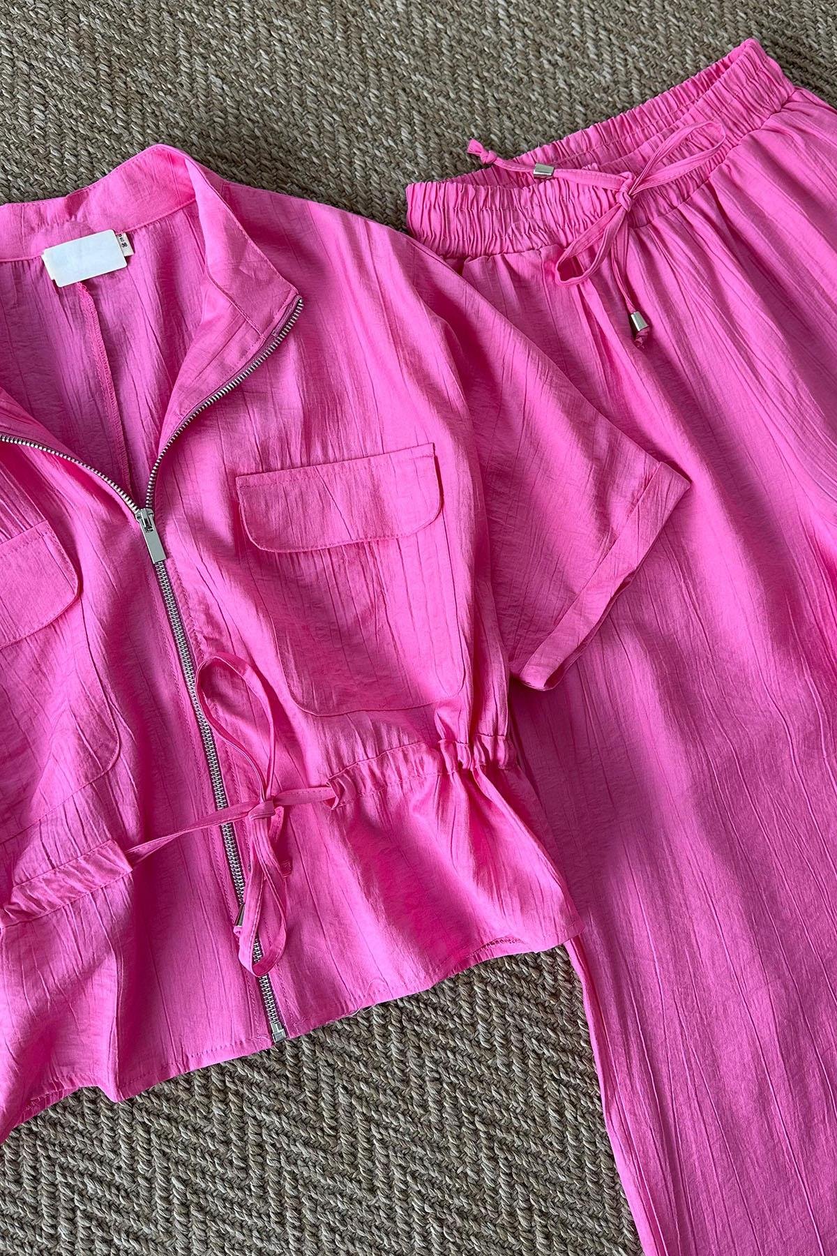 Kadın Ceketi Belden Bağlama Detaylı Bol Pantolonlu Takım - PEMBE
