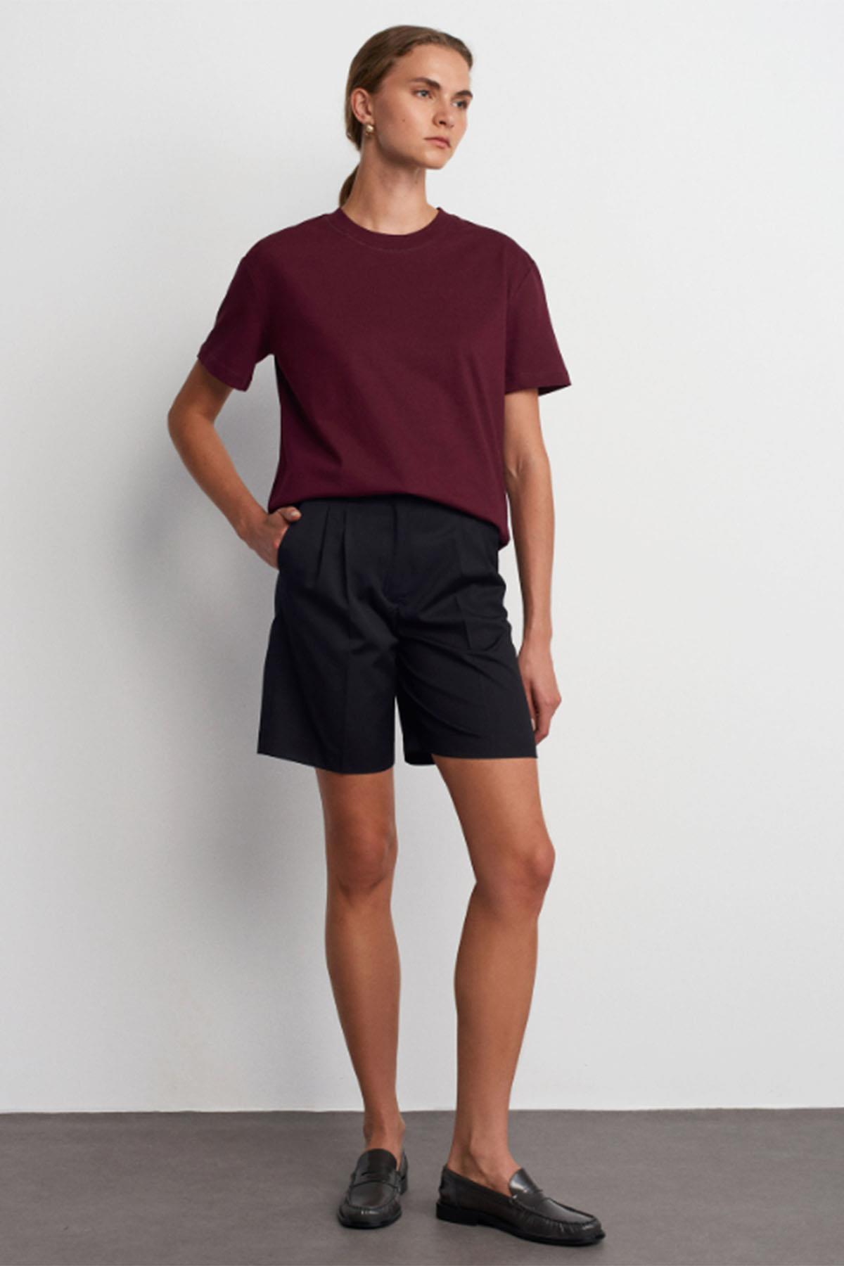 Kadın Dekoratif Dikişli Bisiklet Yaka Tshirt - BORDO