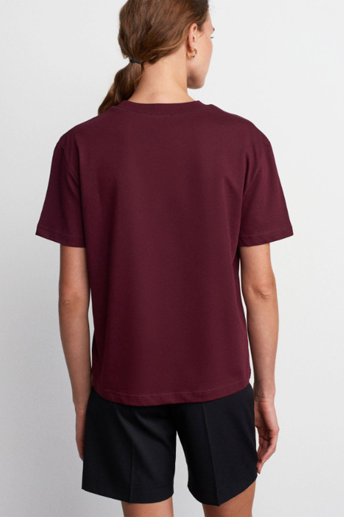 Kadın Dekoratif Dikişli Bisiklet Yaka Tshirt - BORDO