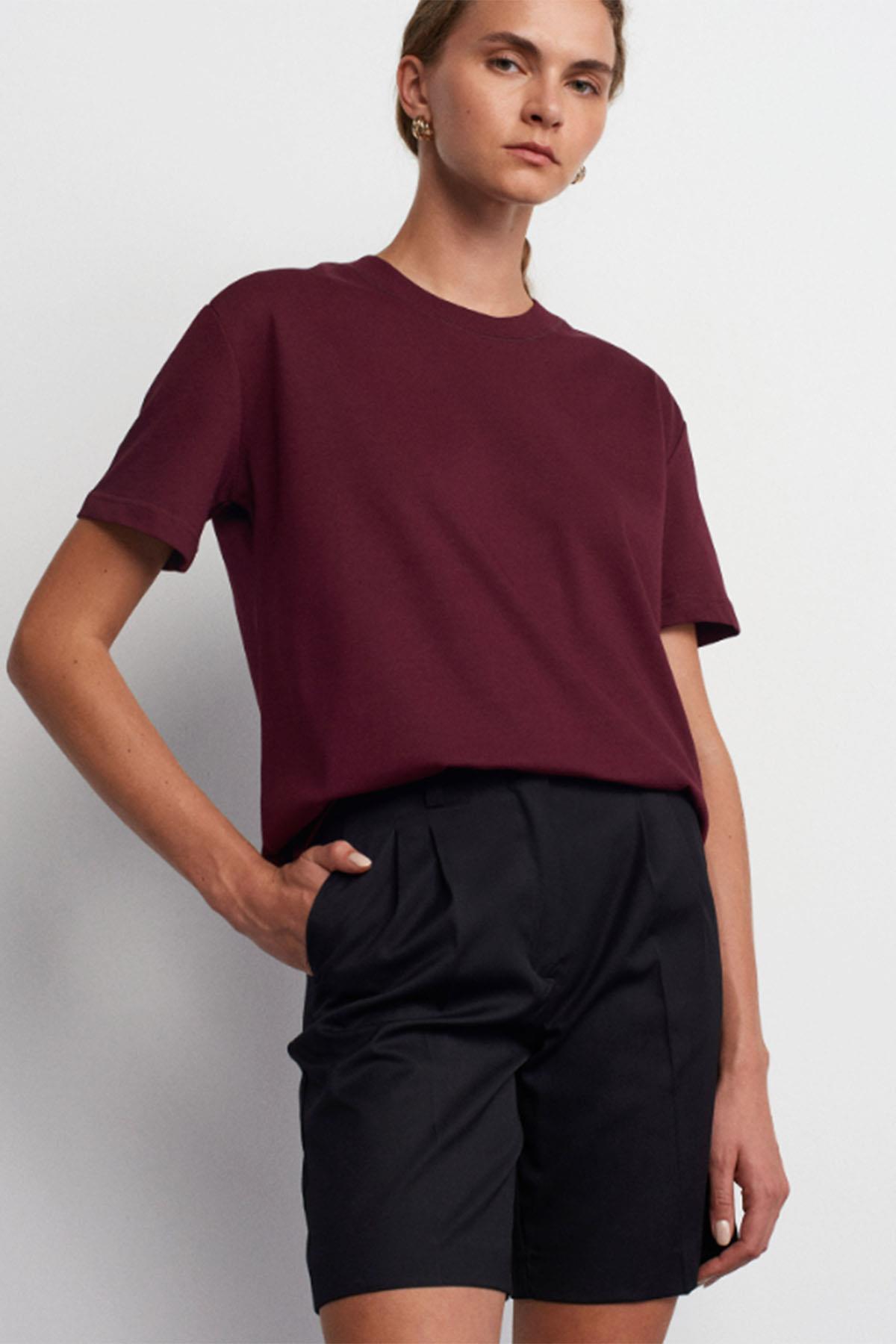 Kadın Dekoratif Dikişli Bisiklet Yaka Tshirt - BORDO