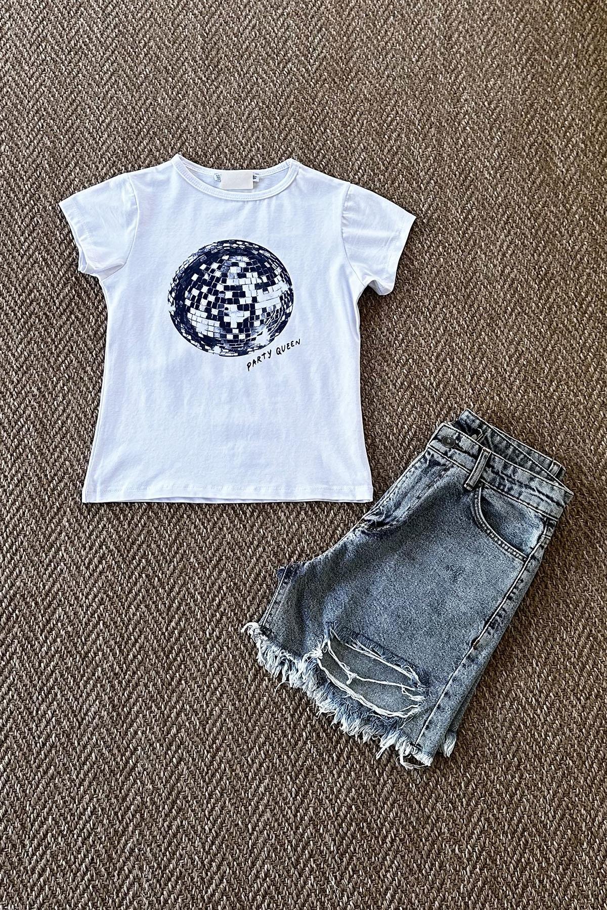 Kadın Disko Topu Baskılı Crop Tshirt - BEYAZ