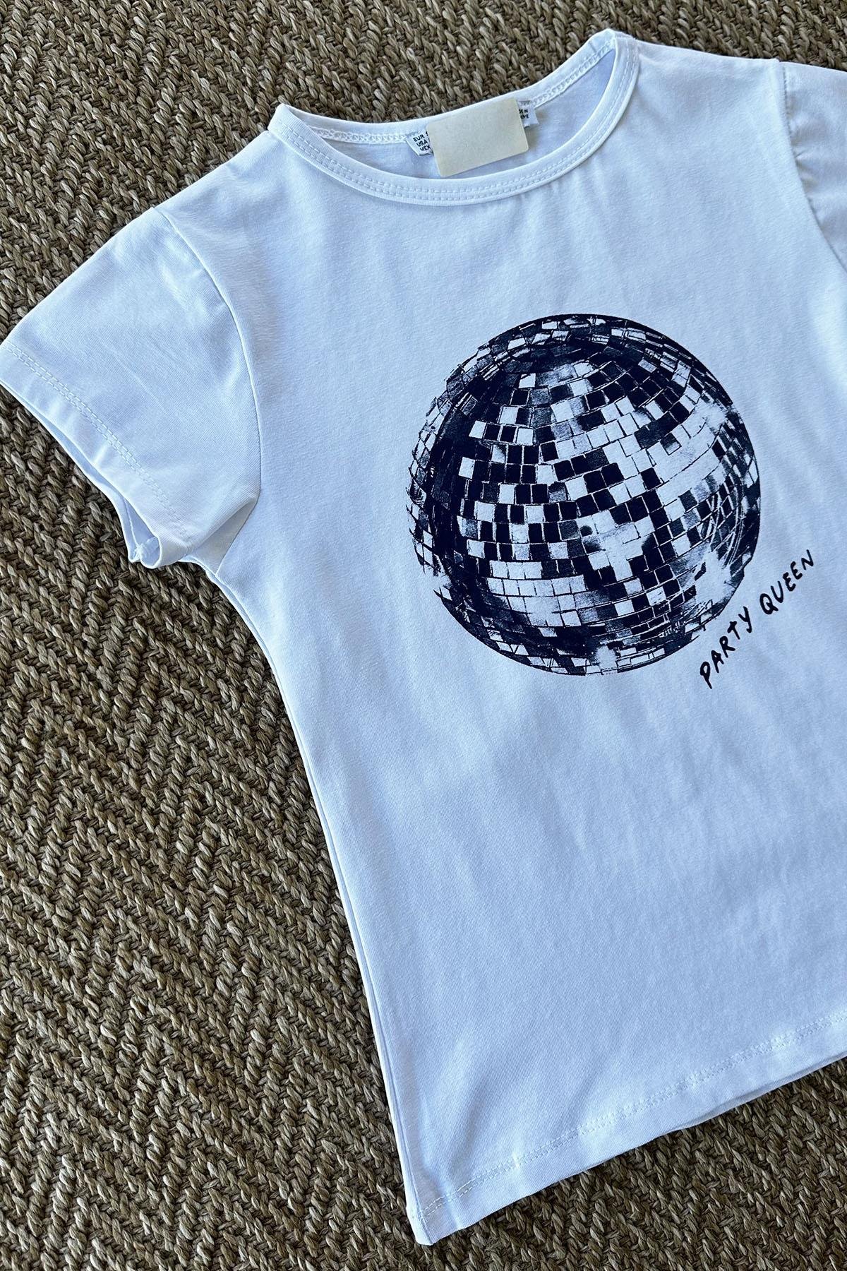 Kadın Disko Topu Baskılı Crop Tshirt - BEYAZ