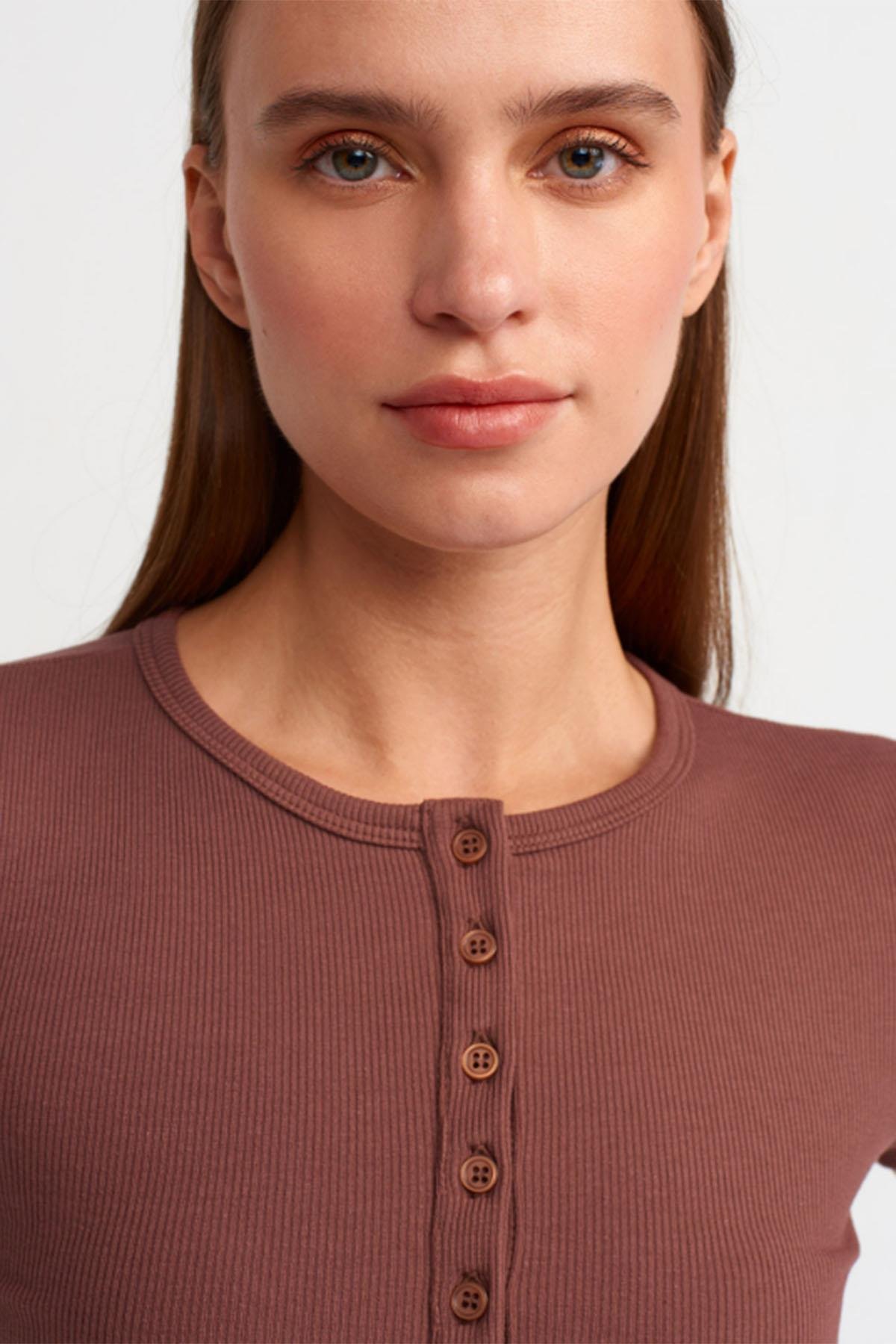 Kadın Düğme Detaylı Crop Top - KAHVE