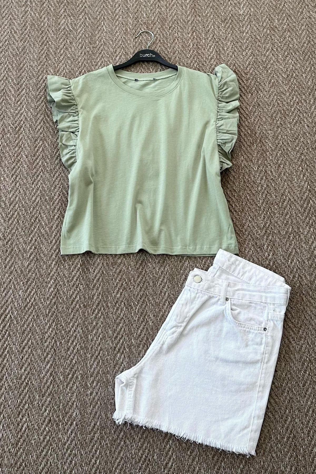 Kadın Fırfır Kollu Crop Tshirt - YEŞİL
