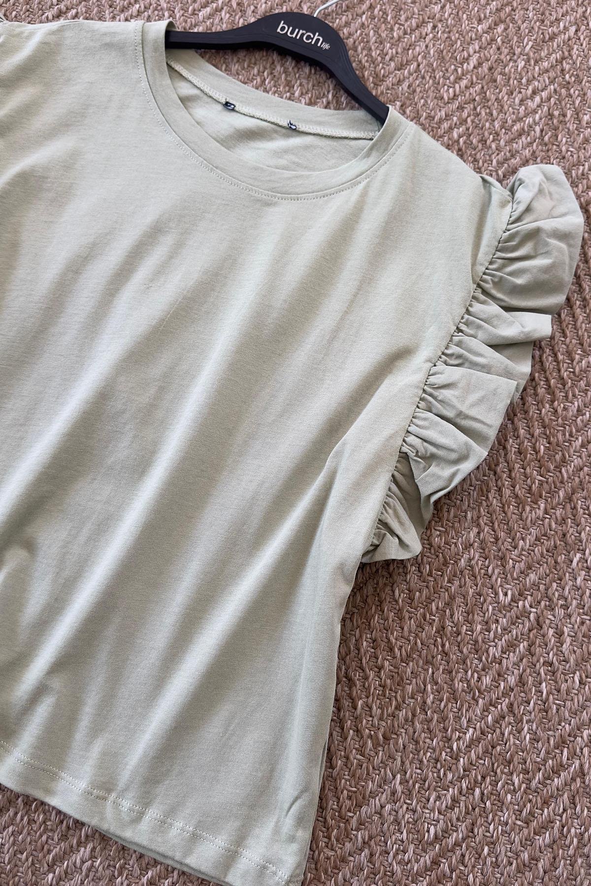 Kadın Fırfır Kollu Crop Tshirt - YEŞİL