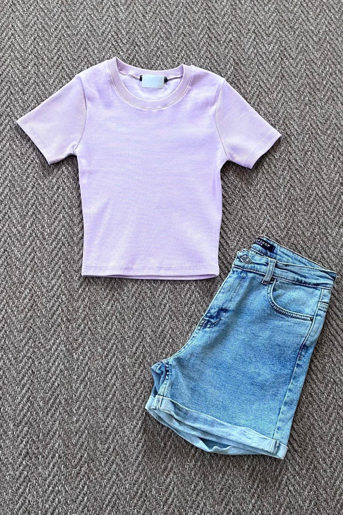 Kadın Fitilli Crop Tshirt - AÇIK PEMBE