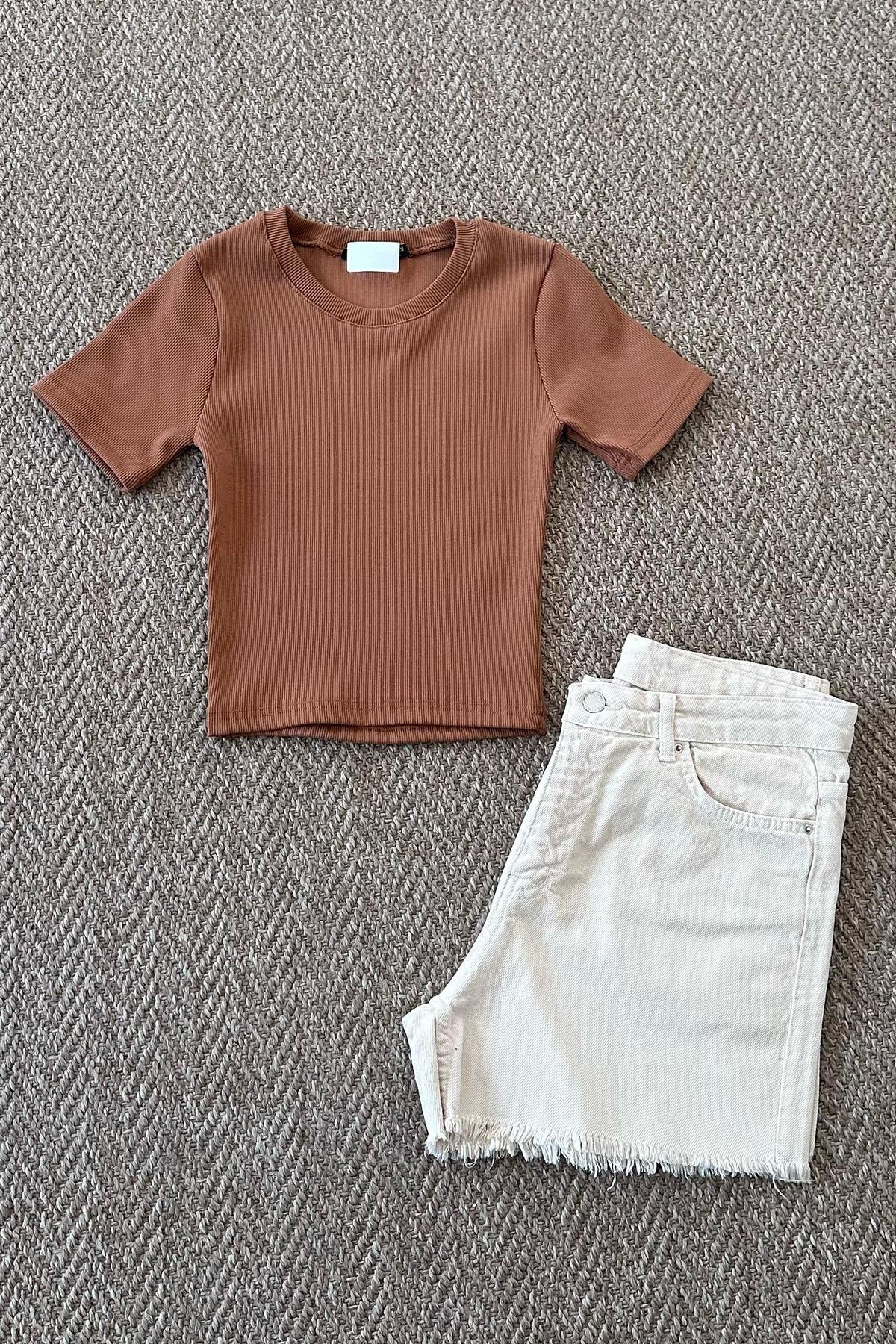 Kadın Fitilli Crop Tshirt - KAHVE