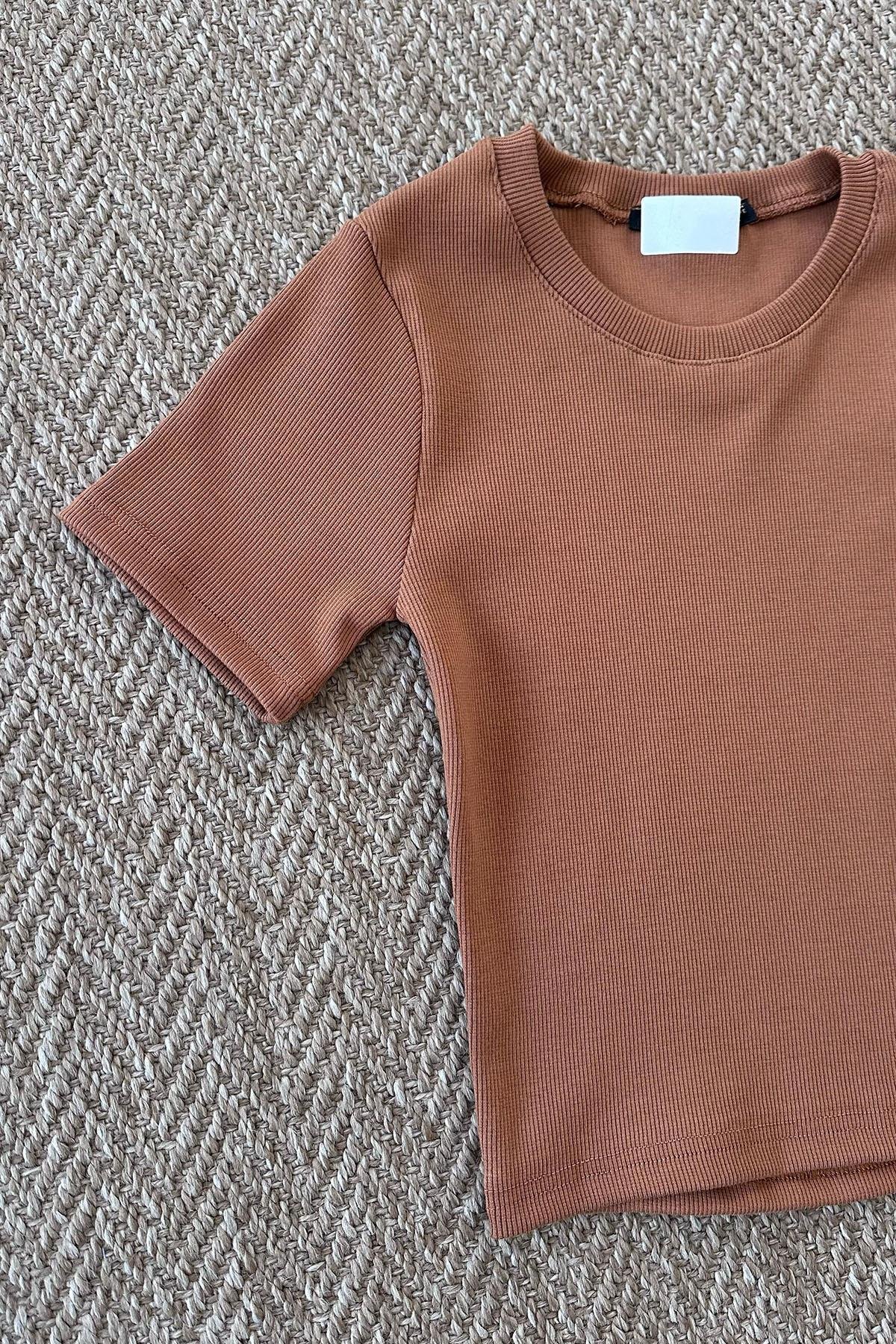 Kadın Fitilli Crop Tshirt - KAHVE